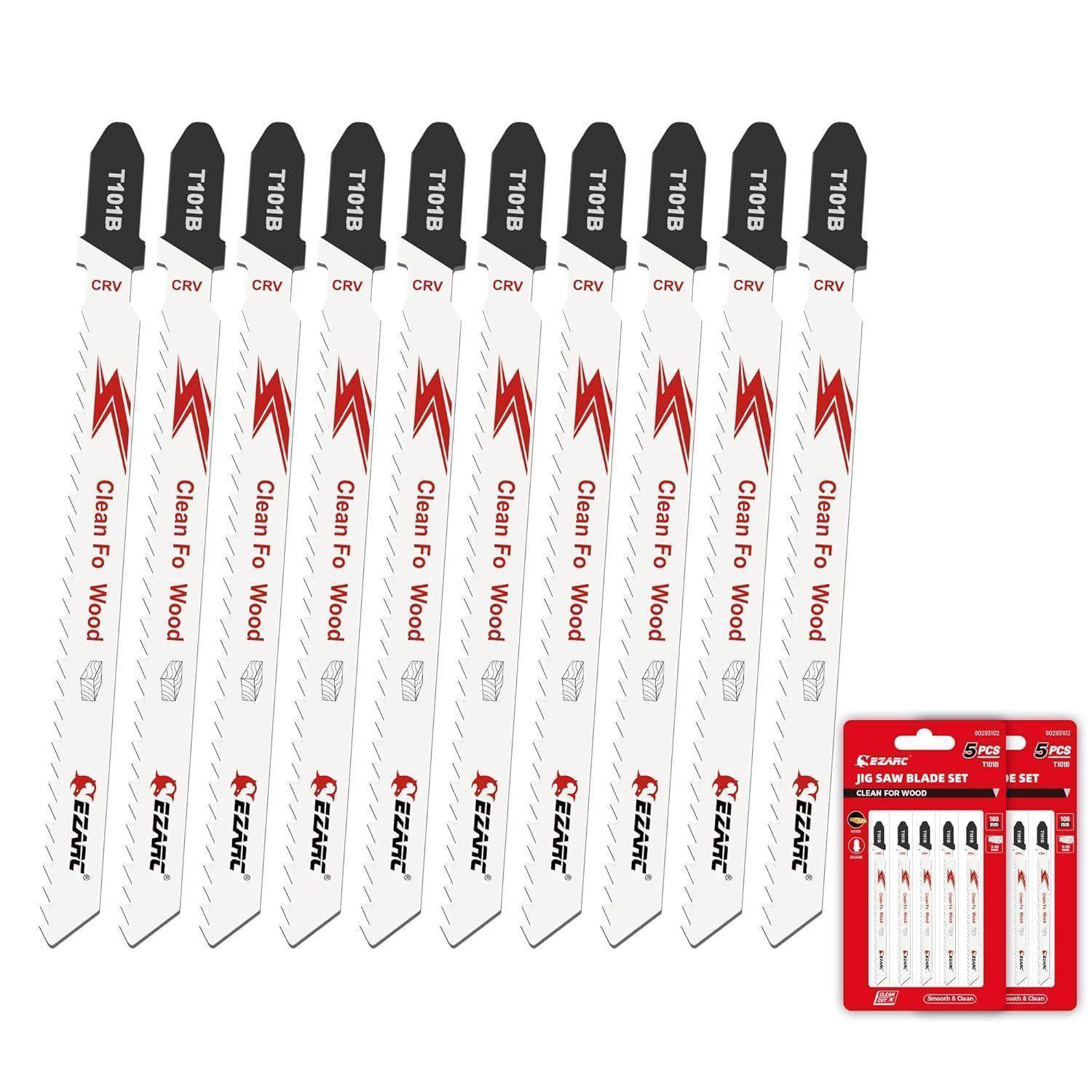 Stichsägeblatt-Set für Holz mit 10 Klingen des Typs 'T101B' und präziser Schnittgeometrie. Verpackung zeigt Kompatibilitätsdetails.