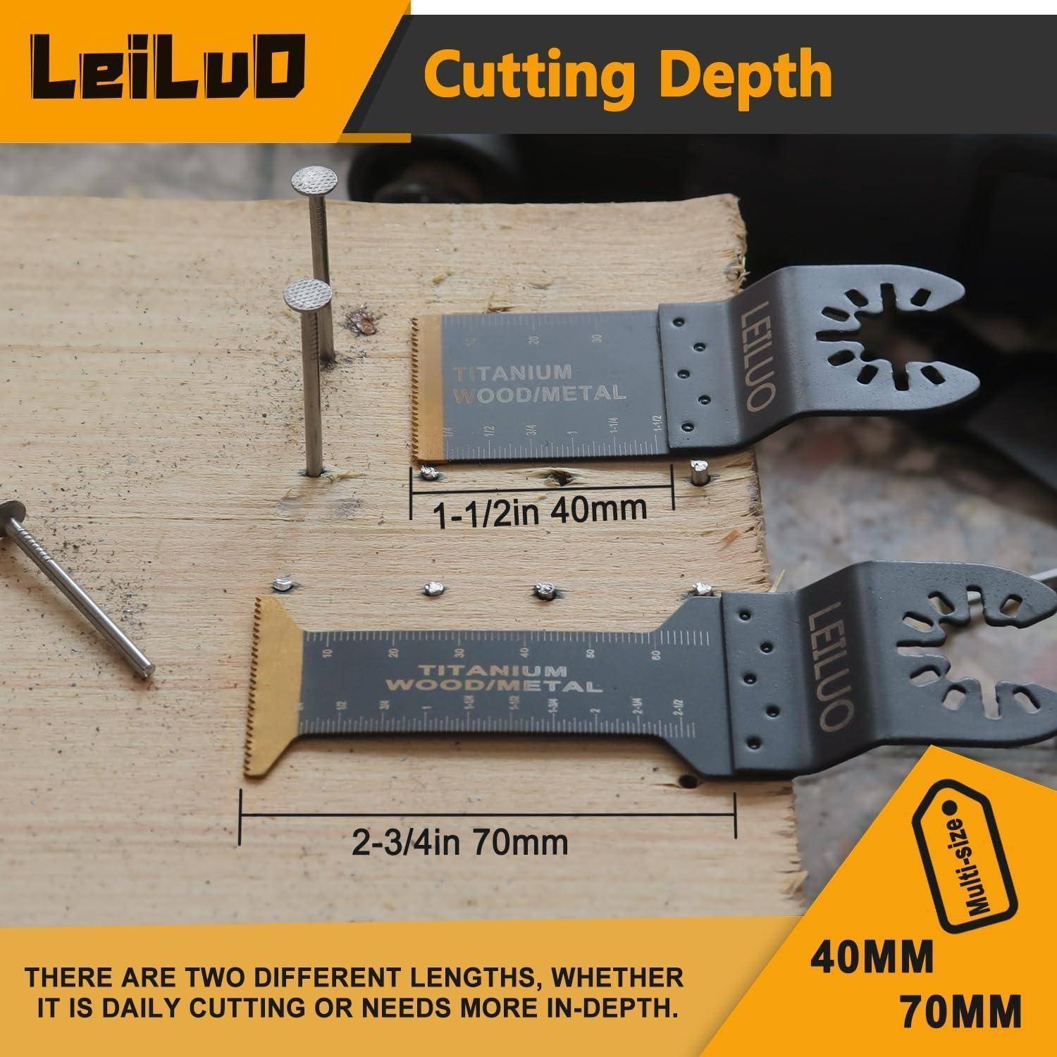 Sägeblätter auf Holz, Schnitttiefe misst 1-1/2 Zoll und 2-3/4 Zoll (40mm und 70mm), Text lautet 'Titan Holz/Metall'.