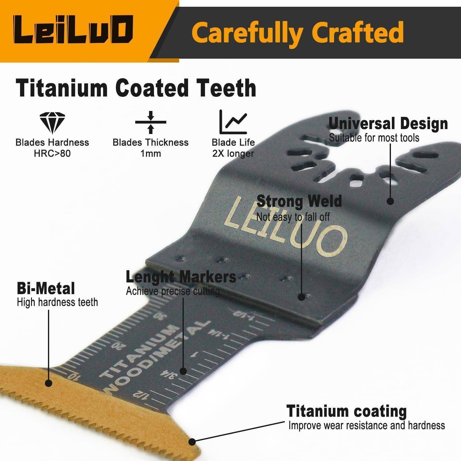 Das Bild zeigt eine LeiLuD Multi-Tool-Klinge und hebt dabei die Merkmale 'Titaniumüberzogene Zähne', 'Universelles Design' und 'Bi-Metall' für Haltbarkeit hervor.