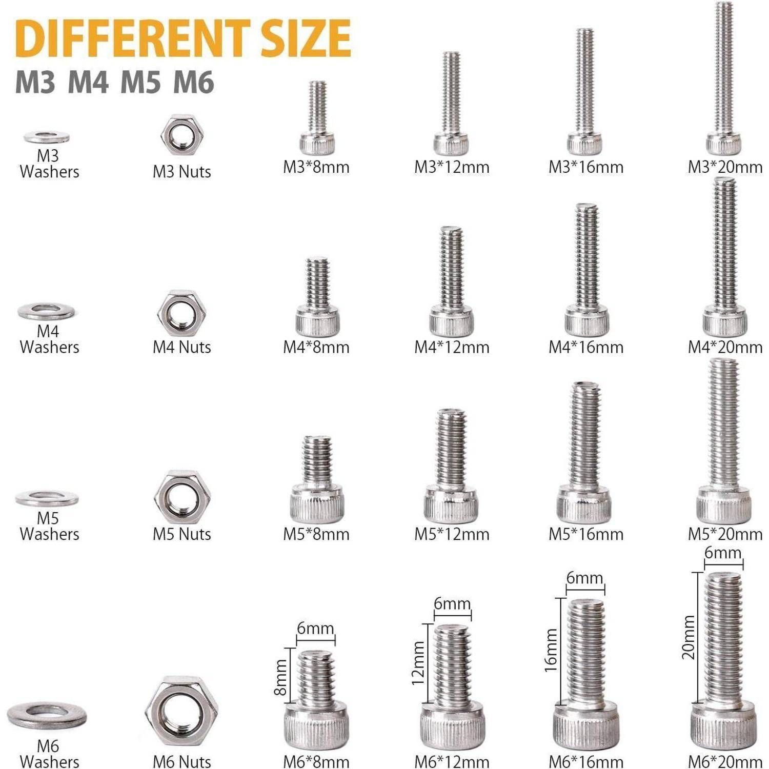 Diagramm, das Schraubengrößen von M3 bis M6 mit den entsprechenden Muttern und Unterlegscheiben zeigt. Enthält Schrauben in verschiedenen Längen von 8 mm bis 20 mm.