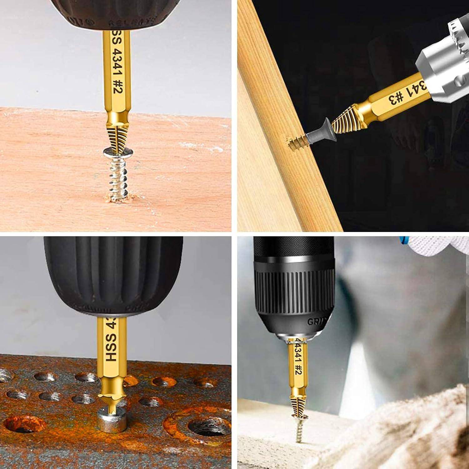 Eine Mehrbildcollage zeigt Bohrer im Einsatz: oben links bohrt in Holz, oben rechts zieht eine Schraube fest, unten links in Metall, unten rechts in weiches Material.
