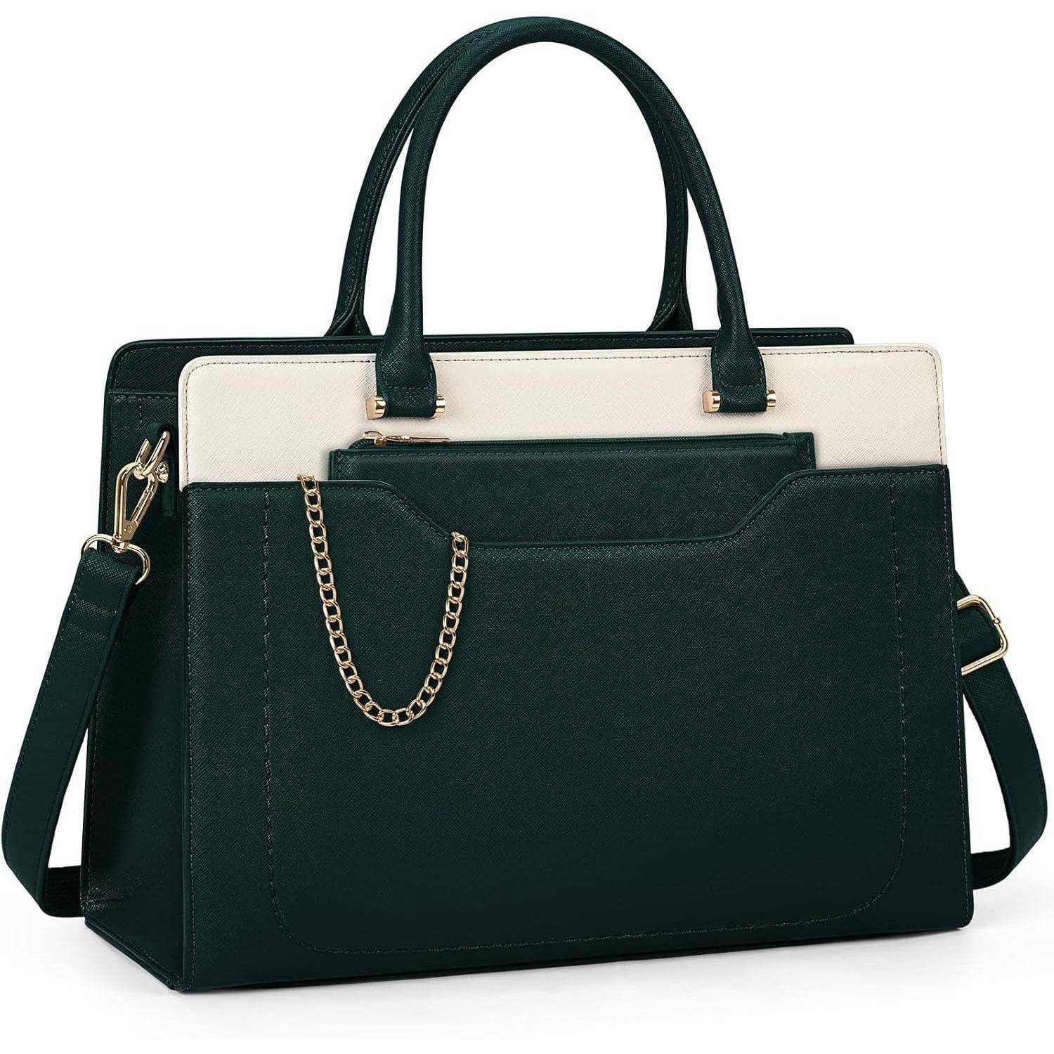 Laptoptasche Damen 15.6 Zoll PU Leder Wasserdicht Shopper Green+white
