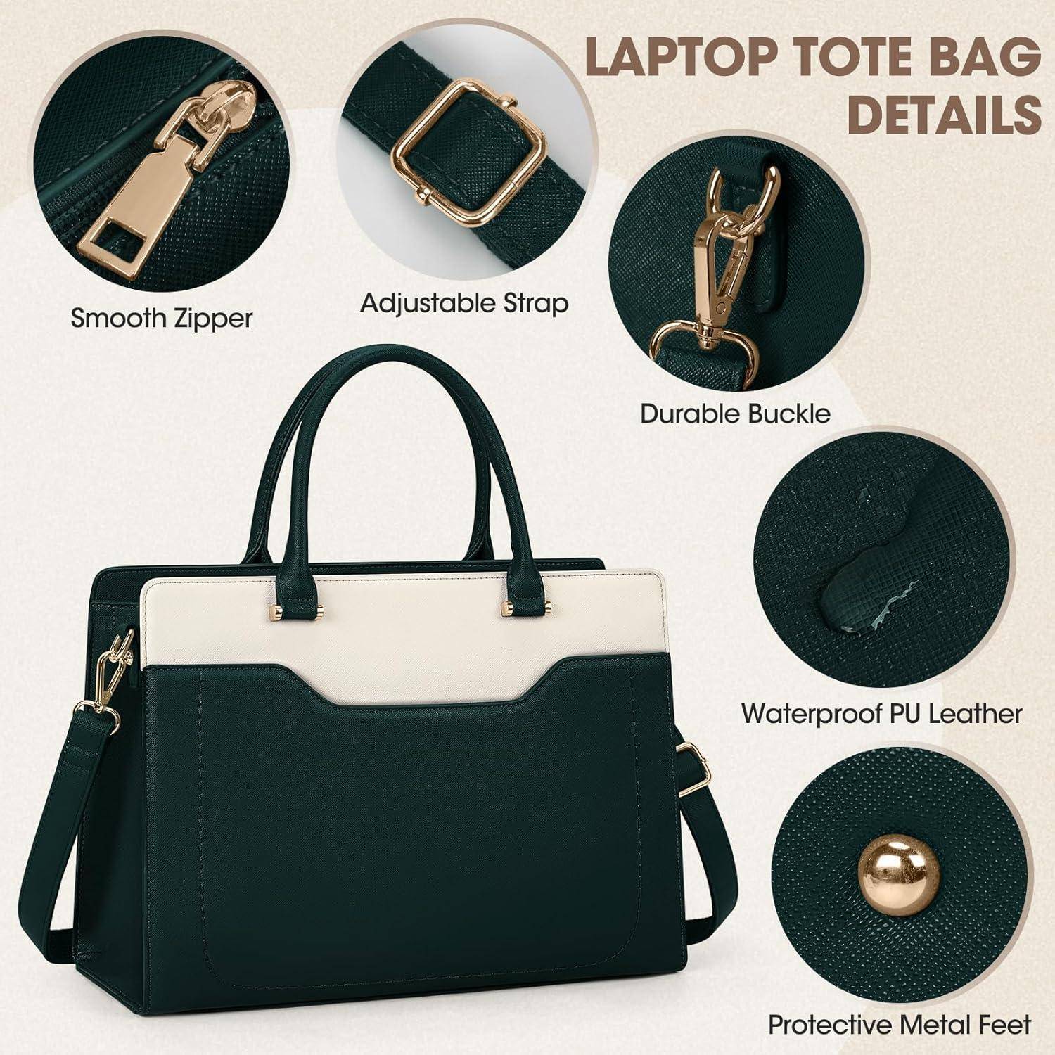 Laptoptasche Damen 15.6 Zoll PU Leder Wasserdicht Shopper Green+white