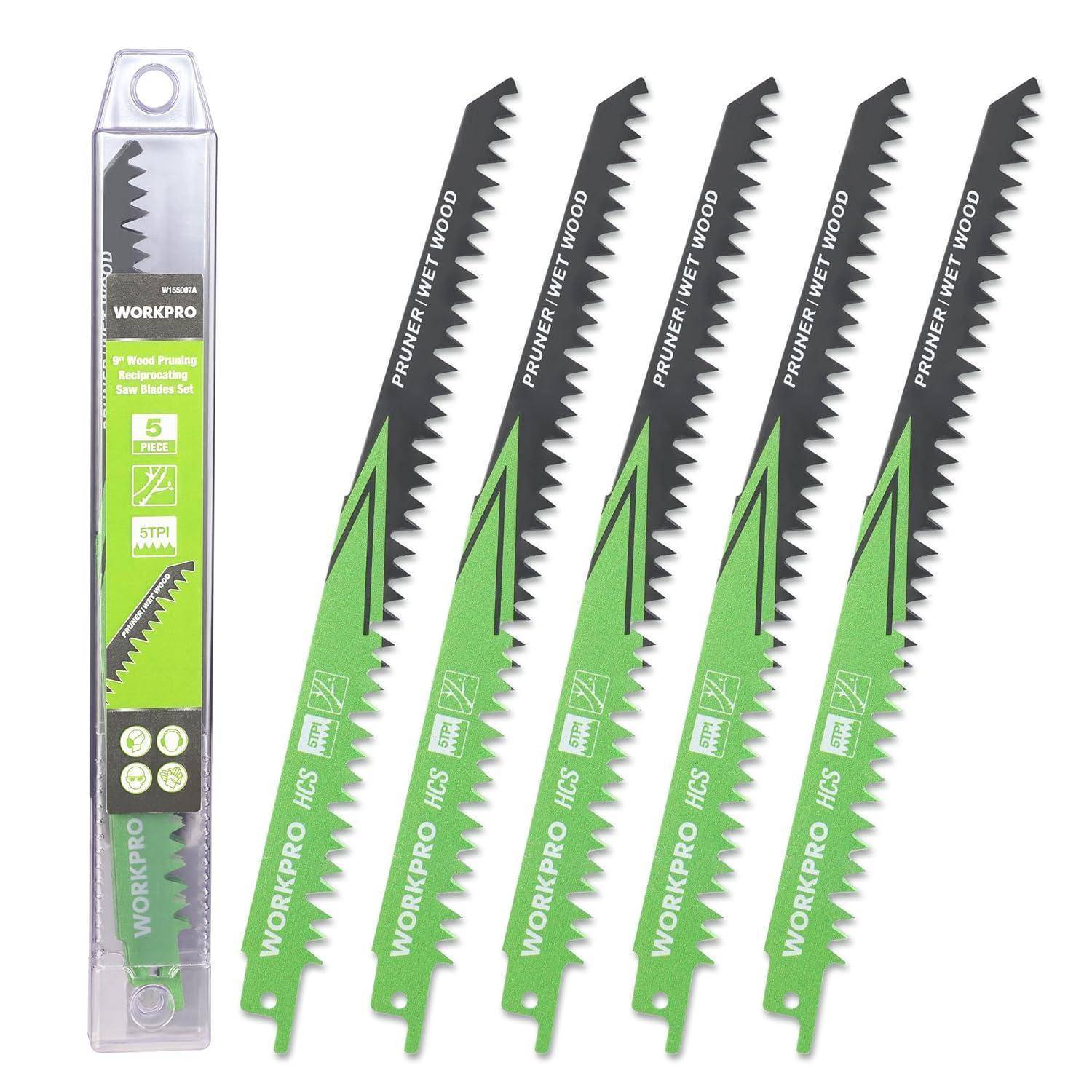 Workpro Beschneidungsklingen-Set mit fünf grünen Sägeblättern, die für das Holzschneiden entwickelt wurden, präsentiert neben der Schutzverpackung.