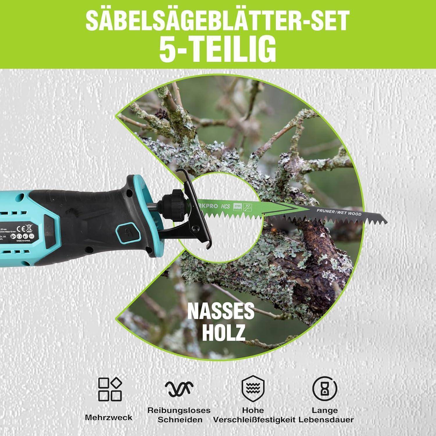 5-teiliges Sägeblatt-Set für Säbelsägen mit einer Nahaufnahme eines Holzschneideblatts auf nassem Holz, das die Vielseitigkeit und Langlebigkeit hervorhebt.