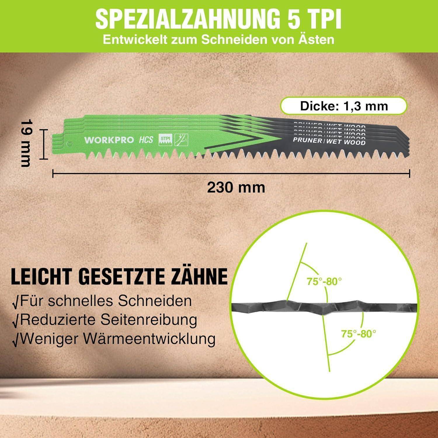 Eine Sägeblatt, das für das Schneiden von Ästen konzipiert ist, 230 mm lang, mit speziellen Zähnen für schnelles Schneiden und reduzierte Hitzeentwicklung, 5 Zähne pro Zoll (ZpZ), mit Winkeldetails in der Darstellung.