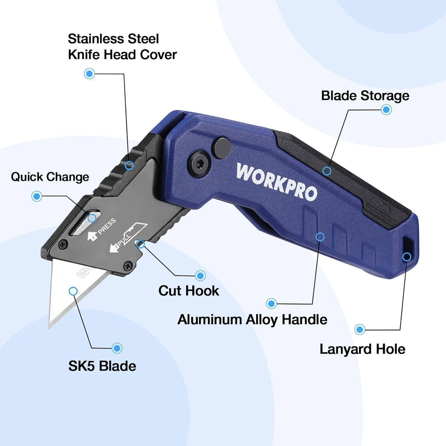 Teppichmesser Aluminium Wechselklinge Gürtelclip 13 Klingen Blau