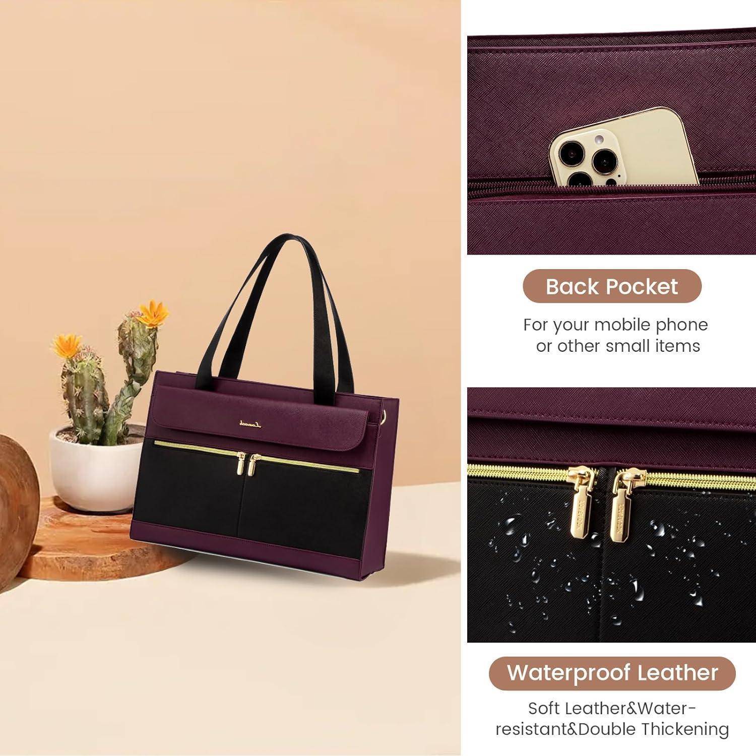 Laptoptasche Damen 15 6 Zoll PU Leder 15.6 Zoll A-schwarz-violett