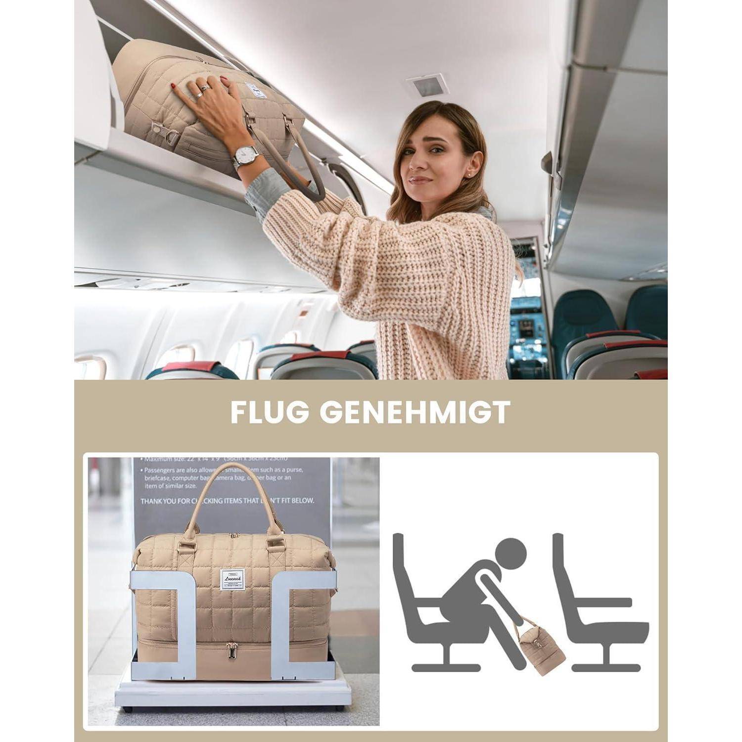 Eine Person verstaut Gepäck in einem Gepäckfach über den Sitzen in einem Flugzeug. Eine Grafik zeigt 'FLUG GENEHMIGT' mit einer Tasche, die unter einem Sitz passt.