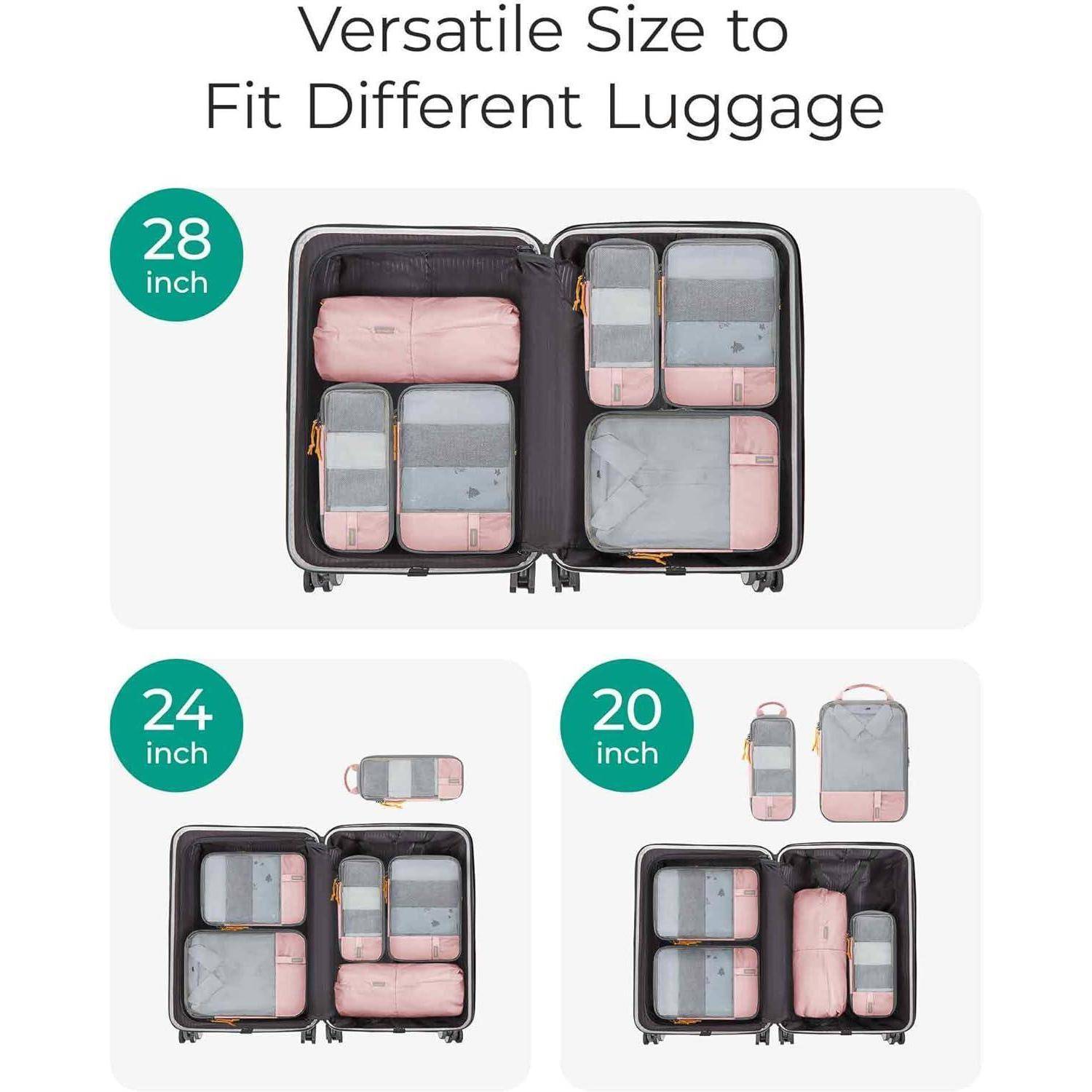 Offener Koffer mit sorgfältig gepackten Reiseorganizern, beschriftet mit '28 Zoll', '24 Zoll' und '20 Zoll', die eine vielseitige Passform demonstrieren.