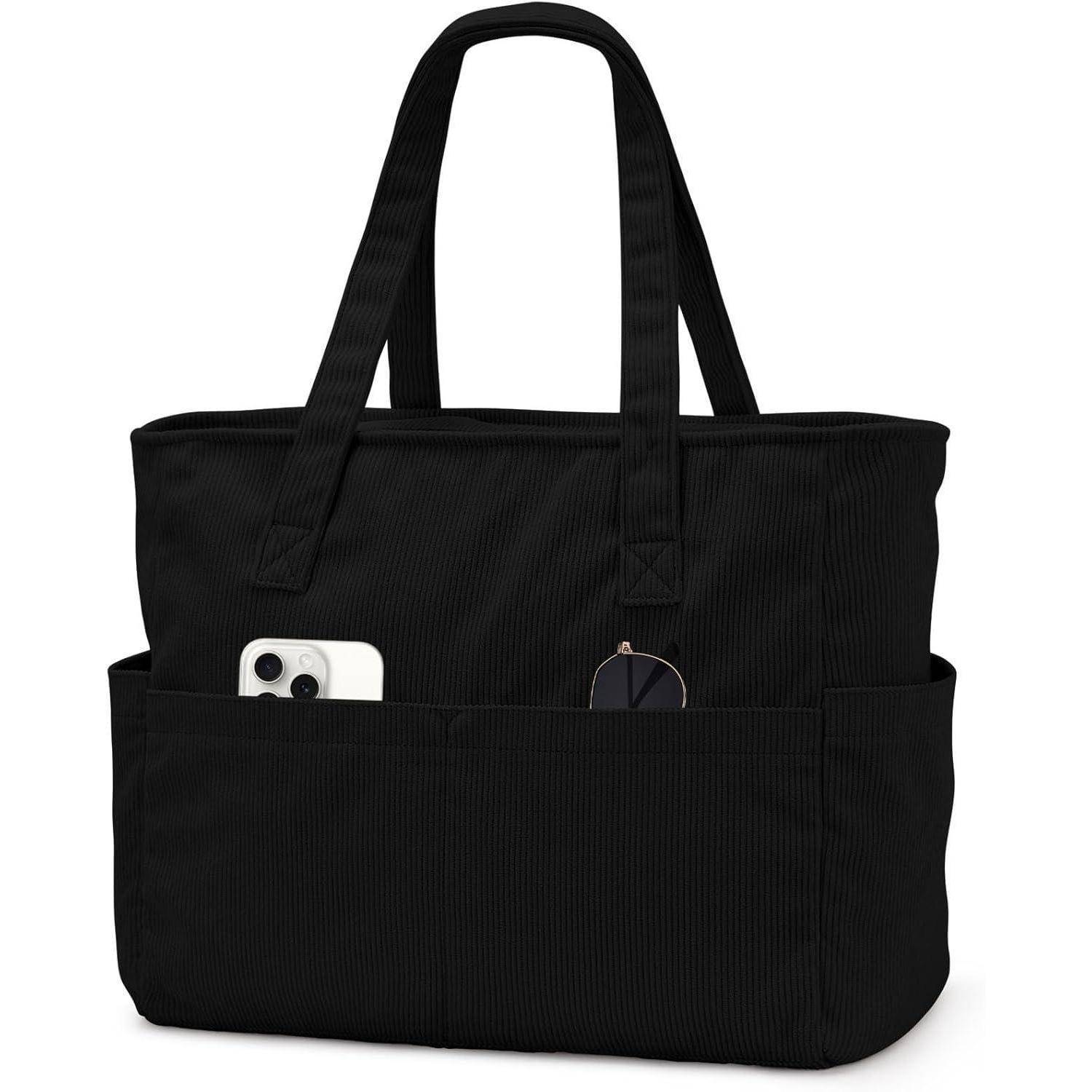 Tote Bag Cord Umhängetasche Laptopfach 17 Zoll Damen Cord-schwarz
