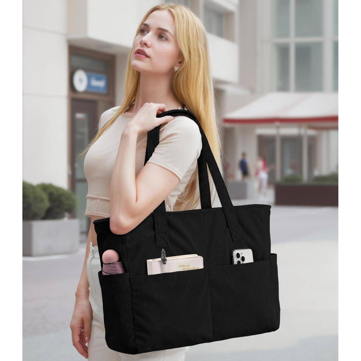 Tote Bag Cord Umhängetasche Laptopfach 17 Zoll Damen Cord-schwarz