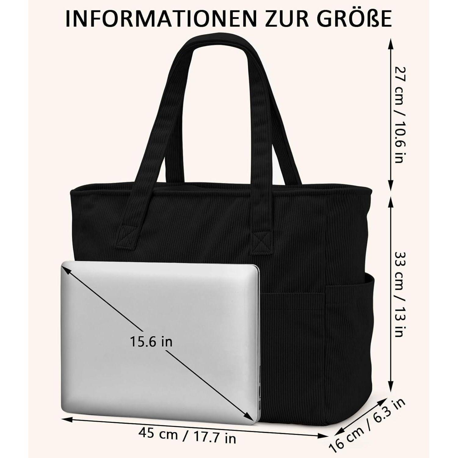 Tote Bag Cord Umhängetasche Laptopfach 17 Zoll Damen Cord-schwarz