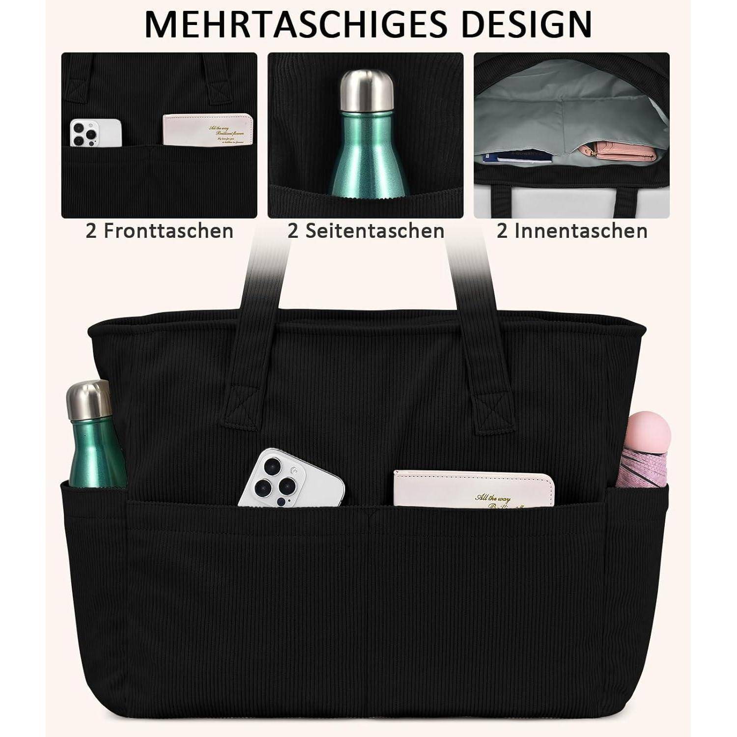 Tote Bag Cord Umhängetasche Laptopfach 17 Zoll Damen Cord-schwarz