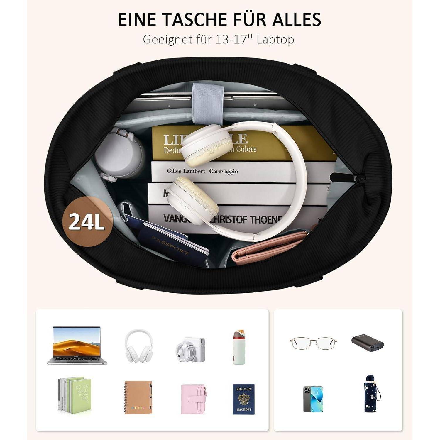 Tote Bag Cord Umhängetasche Laptopfach 17 Zoll Damen Cord-schwarz