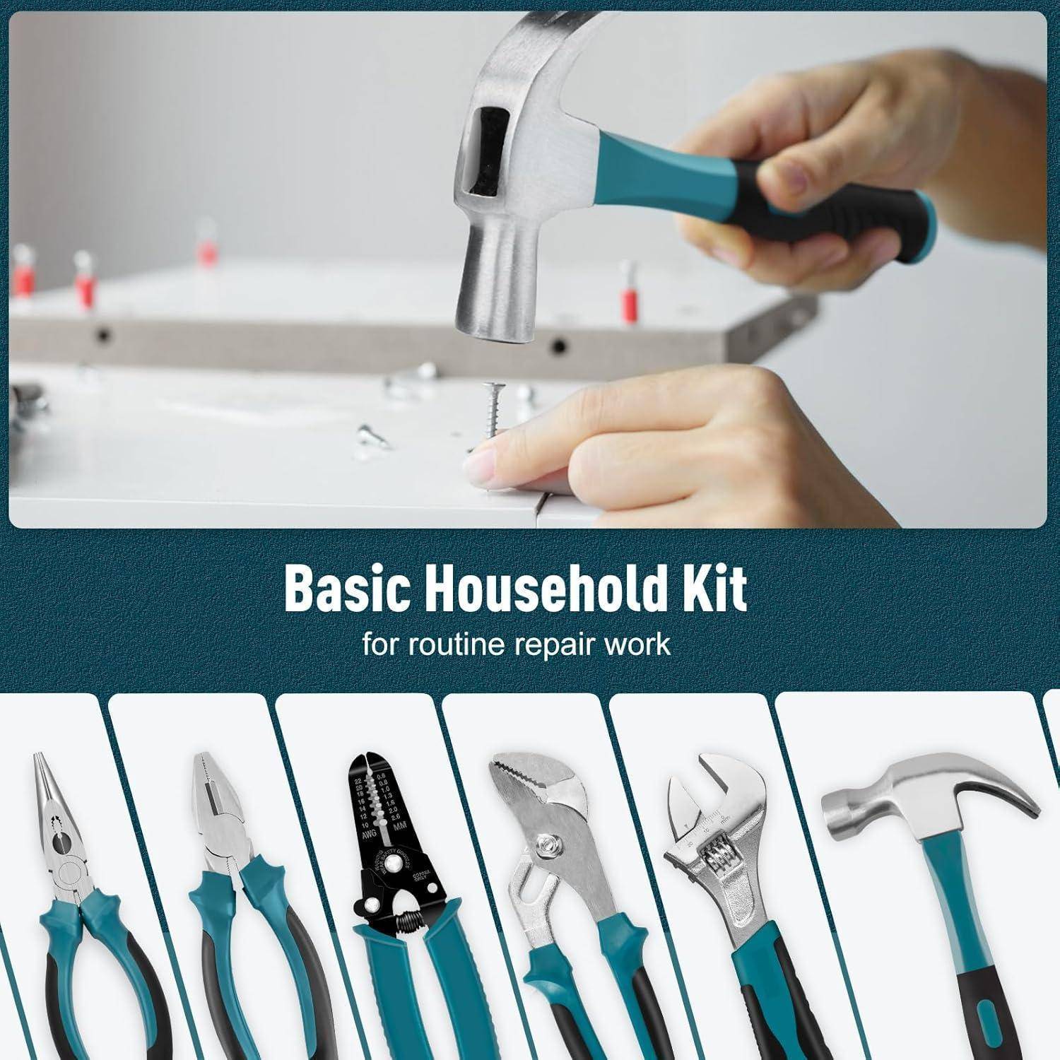 Hammer, der zum Einschlagen eines Nagels verwendet wird; darunter sind sieben verschiedene Handwerkzeuge, einschließlich Zange, Schraubenschlüssel und Schraubendreher. Text: Basis-Haushalts-Kit für routinemäßige Reparaturarbeiten.