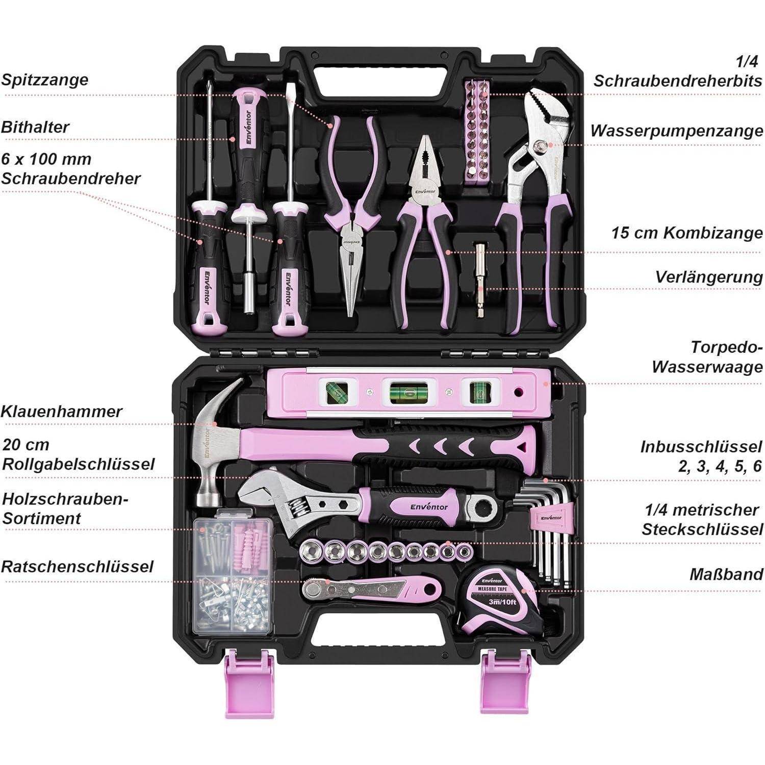 Werkzeugkoffer Werkzeugset Handwerkzeug 158 Tlg Frauen Rosa-158 Tlg