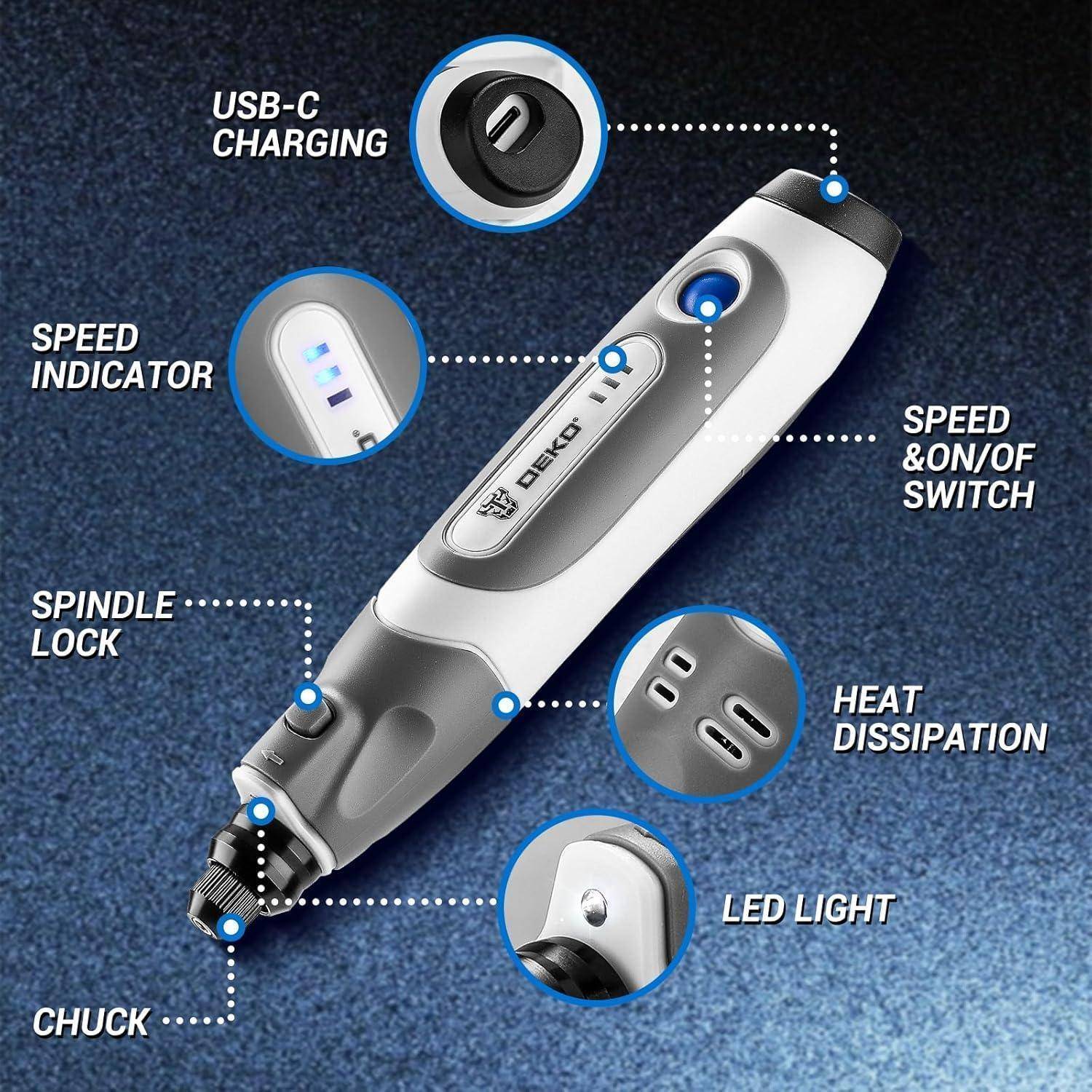 Handgehaltenes Werkzeug mit USB-C-Ladung, Geschwindigkeits-Ein/Aus-Schalter, LED-Licht, Spindelverriegelung, Geschwindigkeitsanzeige und Wärmeableitungseigenschaften.