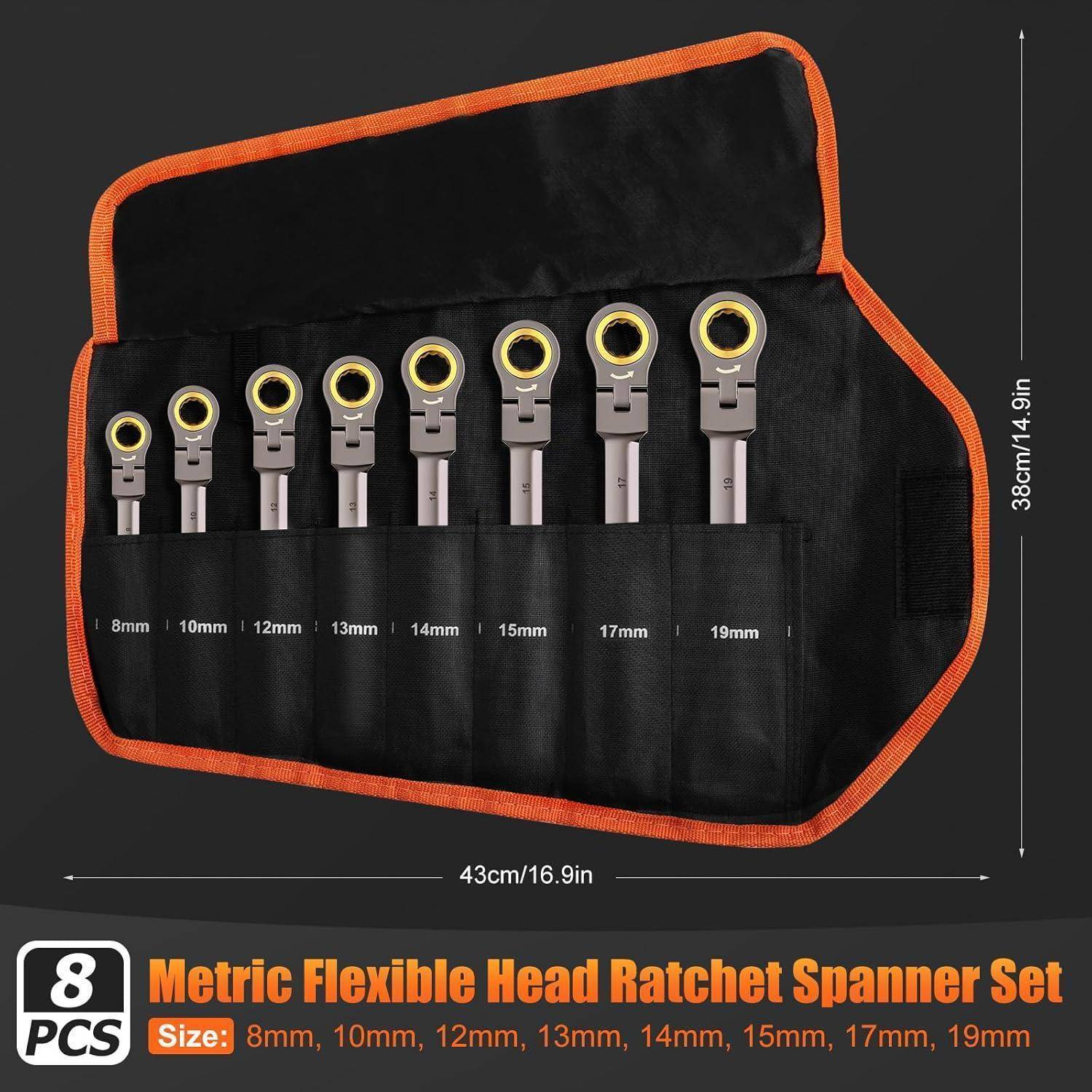 Satz von acht metrischen flexiblen Ratschenschlüsseln in einer schwarz-orangefarbenen Tasche, Größen von 8 mm bis 19 mm.