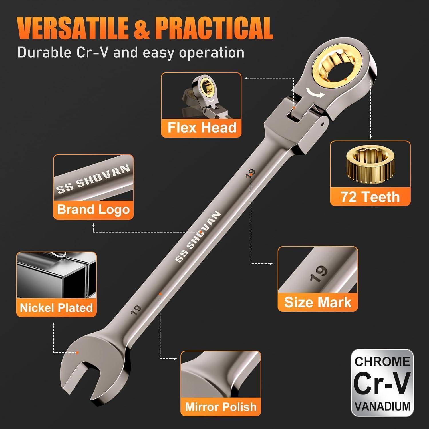 Ein Schraubenschlüssel mit folgenden Merkmalen: Flexkopf, 72 Zähne, vernickelt, Spiegelpolish, Markenlogo, Größenmarkierung. Text lautet: „Vielseitig & Praktisch