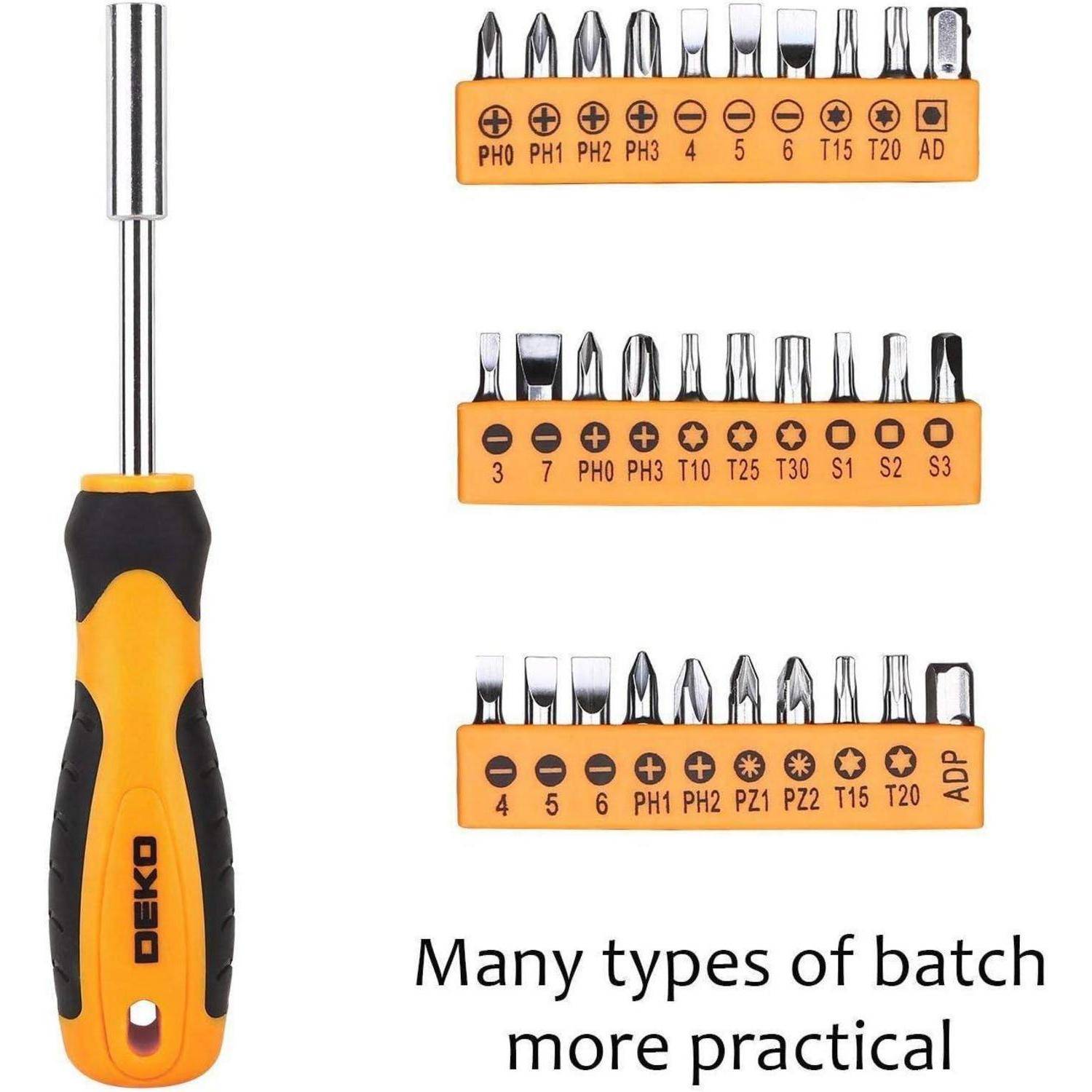 Schraubendreher-Set mit schwarzem und orangefarbenem Griff, enthält verschiedene auswechselbare Bits für unterschiedliche Schrauben. Text: „Viele Typen Charge praktischer.