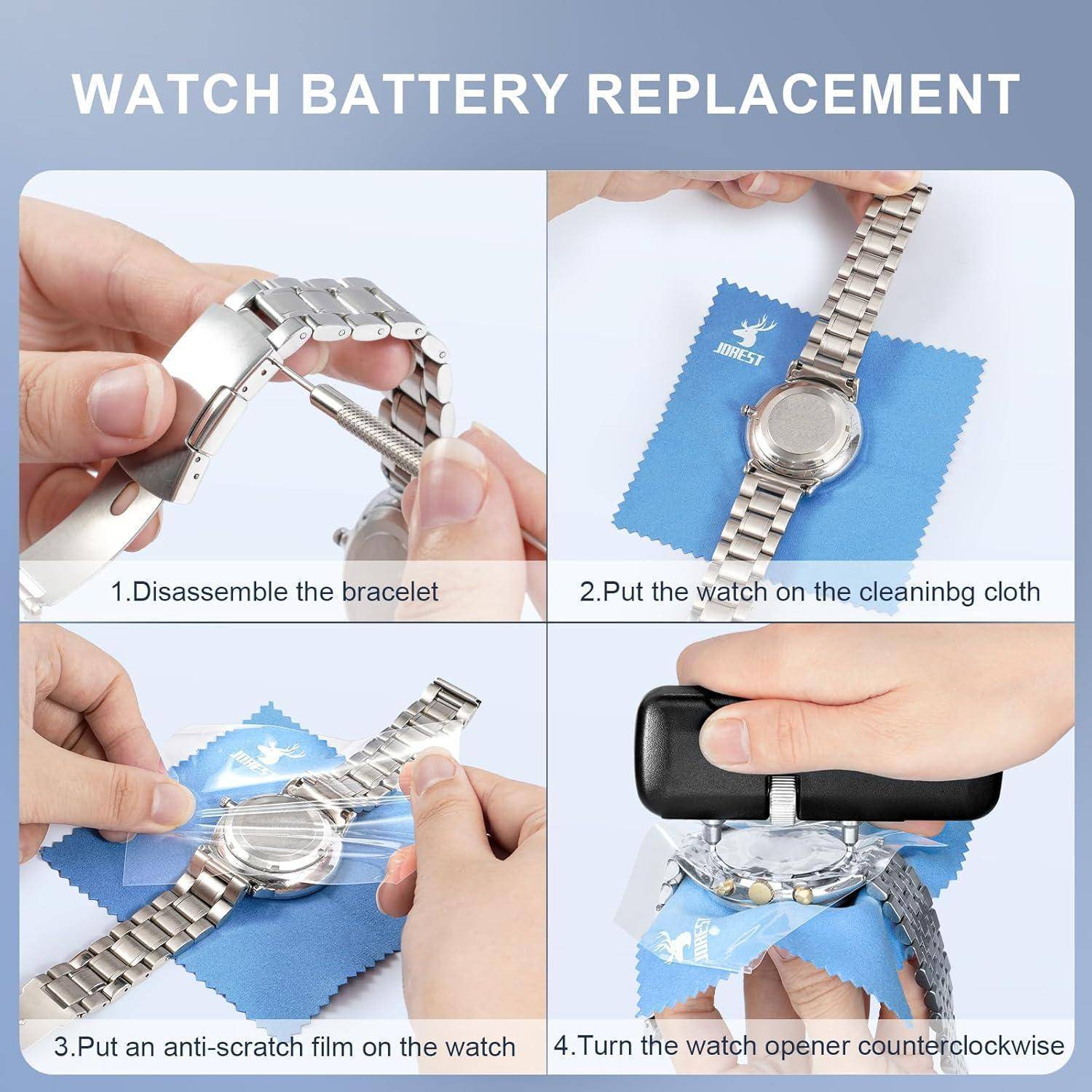 Anleitung zum Batteriewechsel einer Uhr in vier Schritten: Armband demontieren, auf Tuch legen, Kratzschutzfolie anbringen, Öffner drehen.