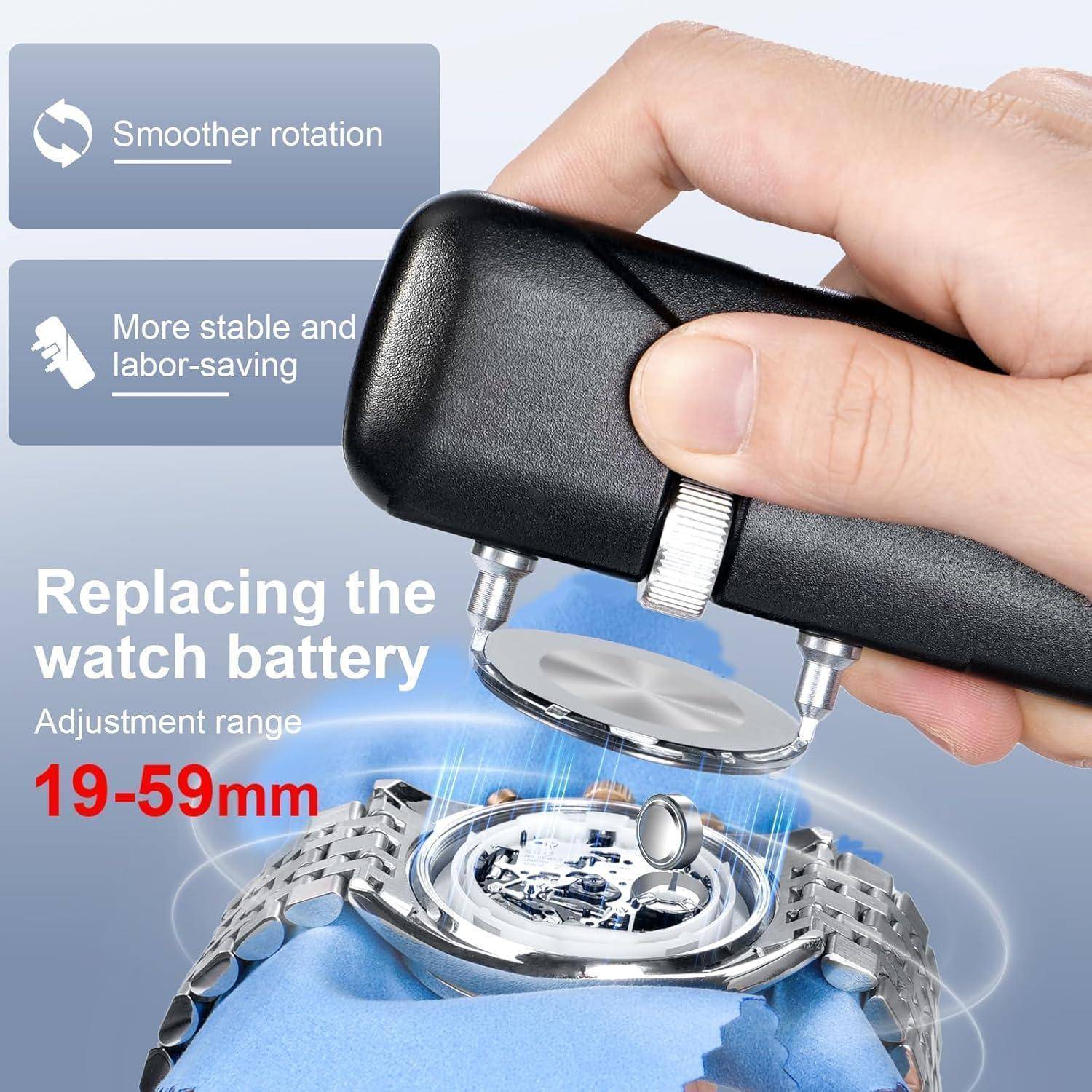 Eine Hand hält ein Werkzeug über eine Armbanduhr für den Batteriewechsel. Der Text hebt eine gleichmäßigere Rotation und eine stabilere, arbeitsparende Nutzung hervor.