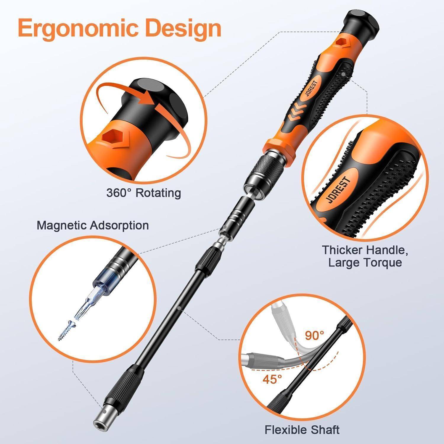 Ein ergonomischer Schraubendreher mit einer 360° rotierenden Kappe, magnetischer Spitze, dickerem Griff für größeres Drehmoment und flexiblem Schaft für verschiedene Winkel.