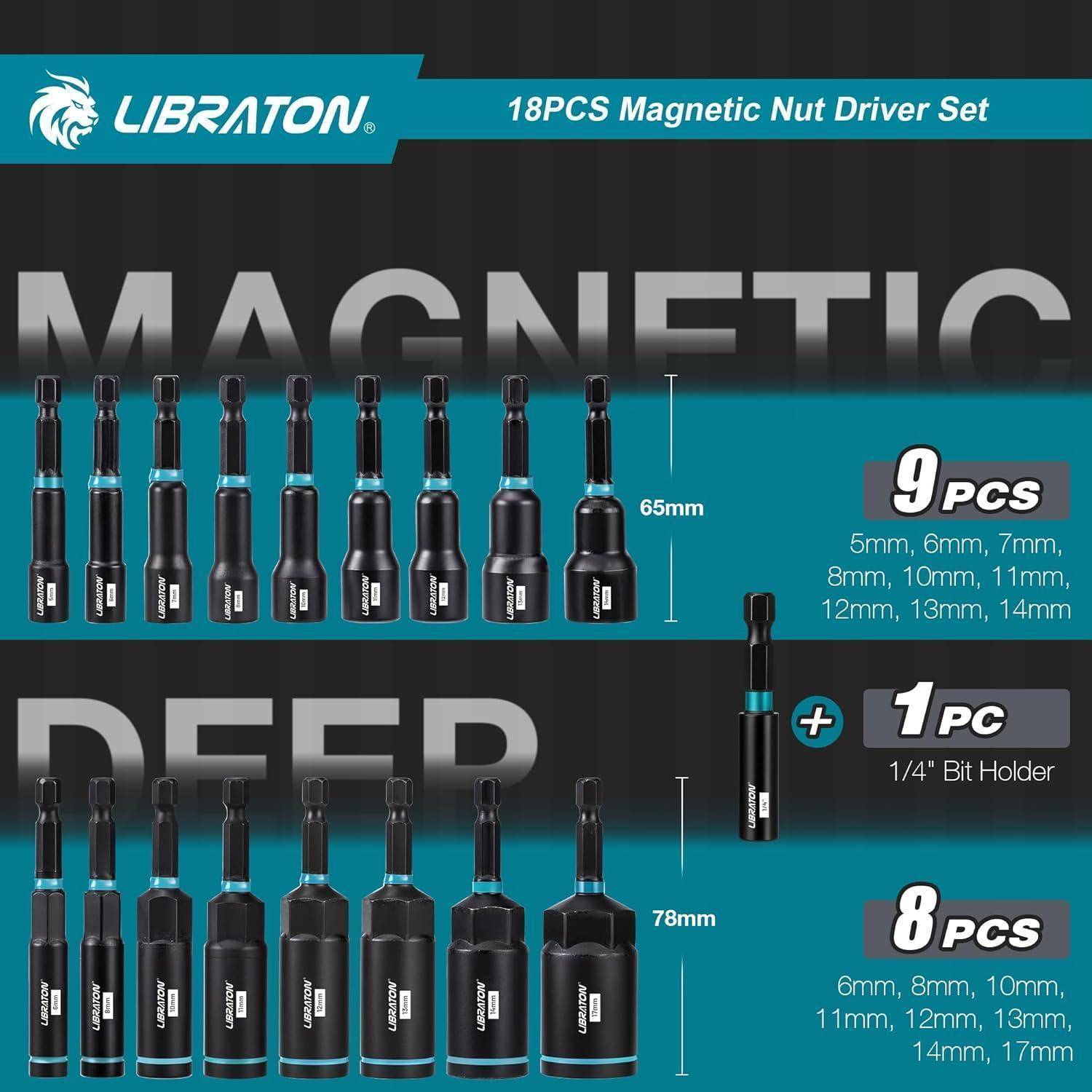 Libraton 18-teiliges Magnetisches Stecknuss-Set' angezeigt. Umfasst 9 Stecknüsse (5-14 mm), 8 Tiefenstecknüsse (6-14 mm) und 1 Bithalter.