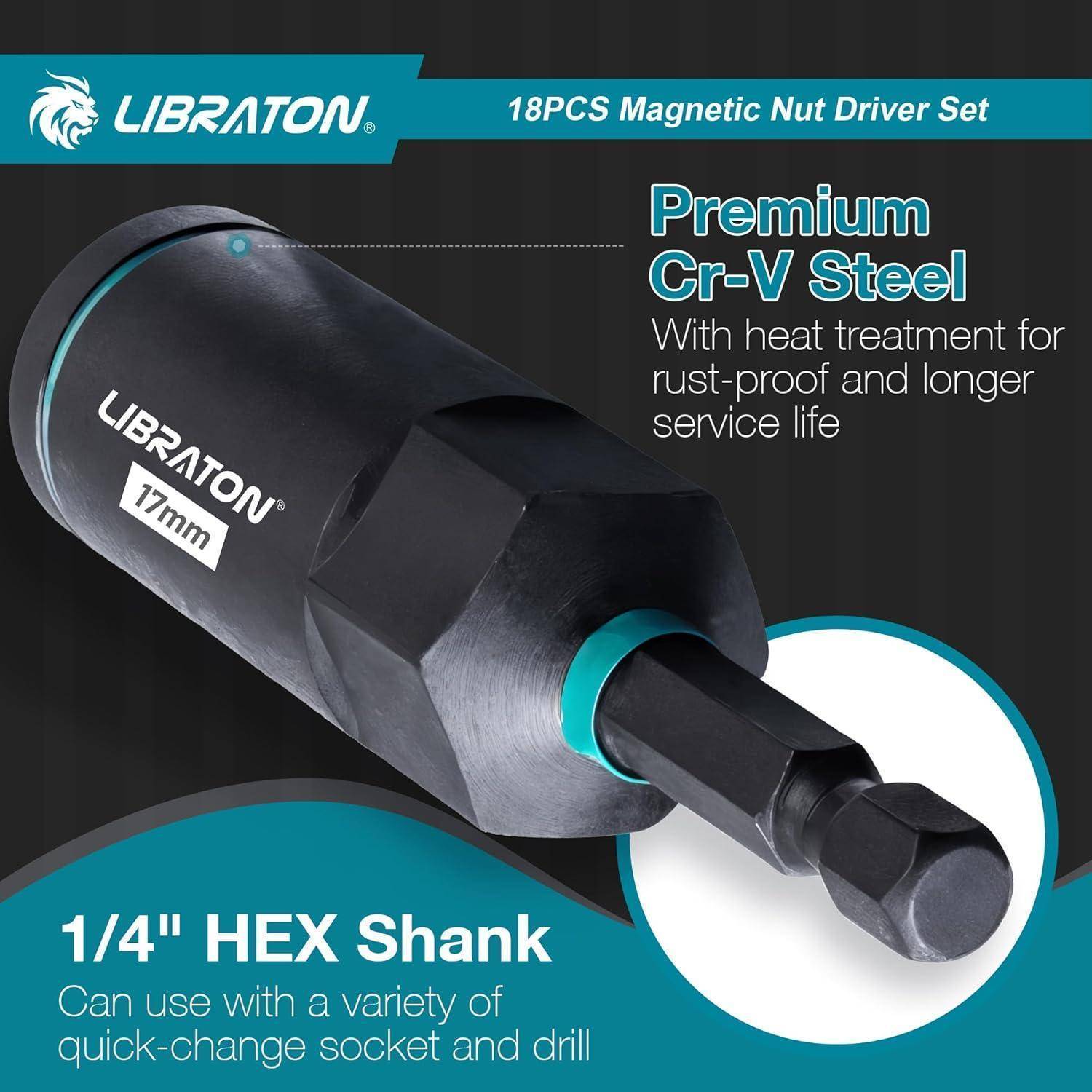 LIBRATON 18-teiliges Magnetisches Stecknuss-Set, Premium Cr-V-Stahl mit Wärmebehandlung für Rostschutz und längere Lebensdauer, 1/4
