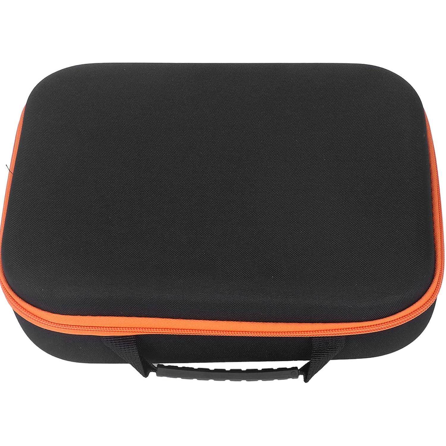 Eine schwarze rechteckige Tasche mit einem orangefarbenen Reißverschluss und einem Griff an der Seite, die zum sicheren Tragen oder Aufbewahren von Gegenständen verwendet wird.
