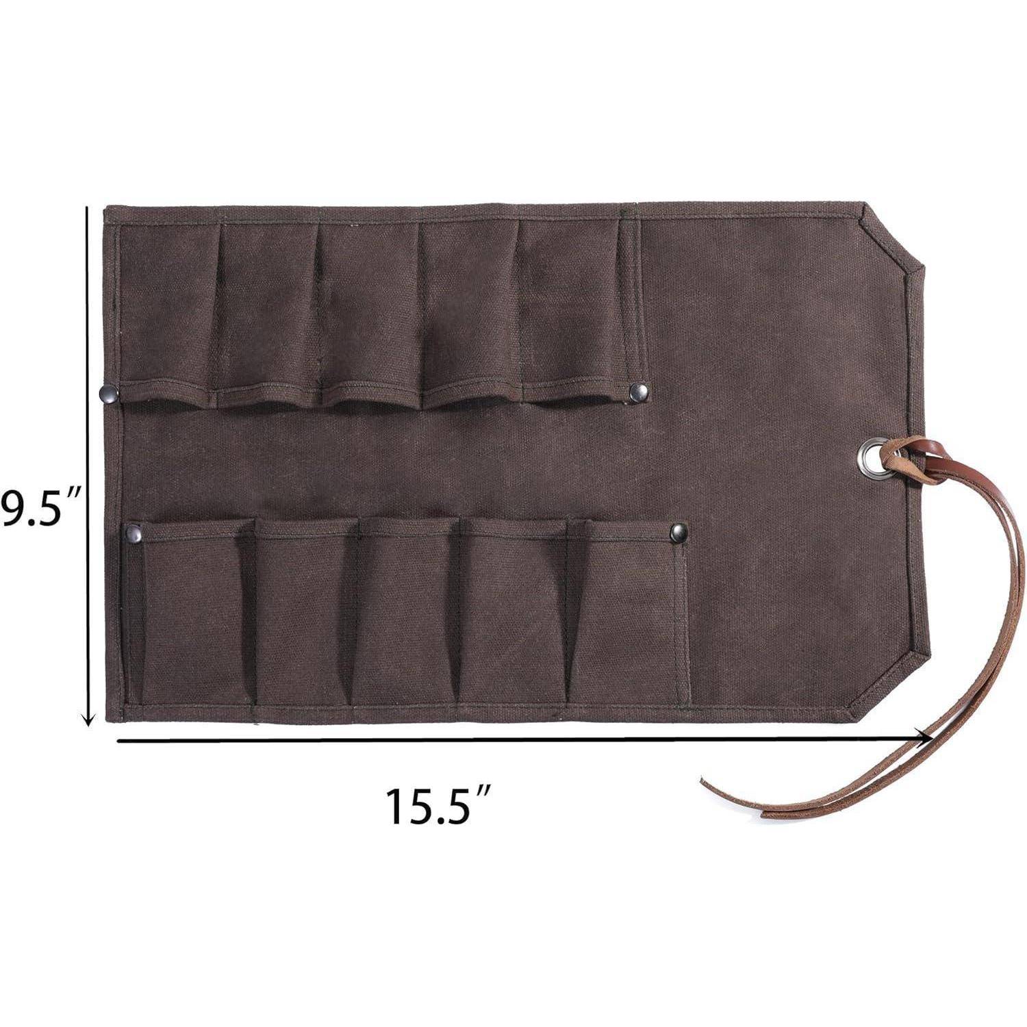 Braune Werkzeugtasche mit mehreren Fächern, misst 15,5 Zoll bei 9,5 Zoll, mit Lederverschlussriemen.