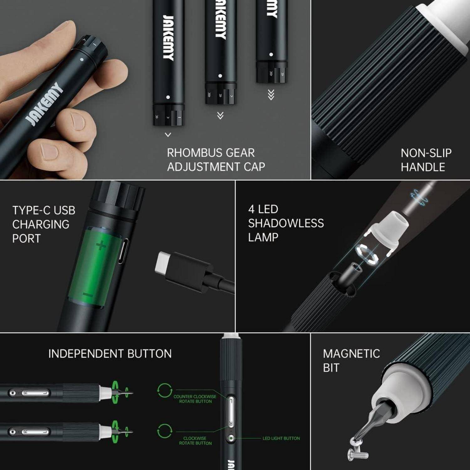Jakemy-Werkzeug zeichnet sich durch Rhombus-Zahnradeinstellkappe, rutschfesten Griff, USB-C-Ladeanschluss, 4 LED-schattenlose Lampe, unabhängigen Knopf und magnetischen Bit aus.