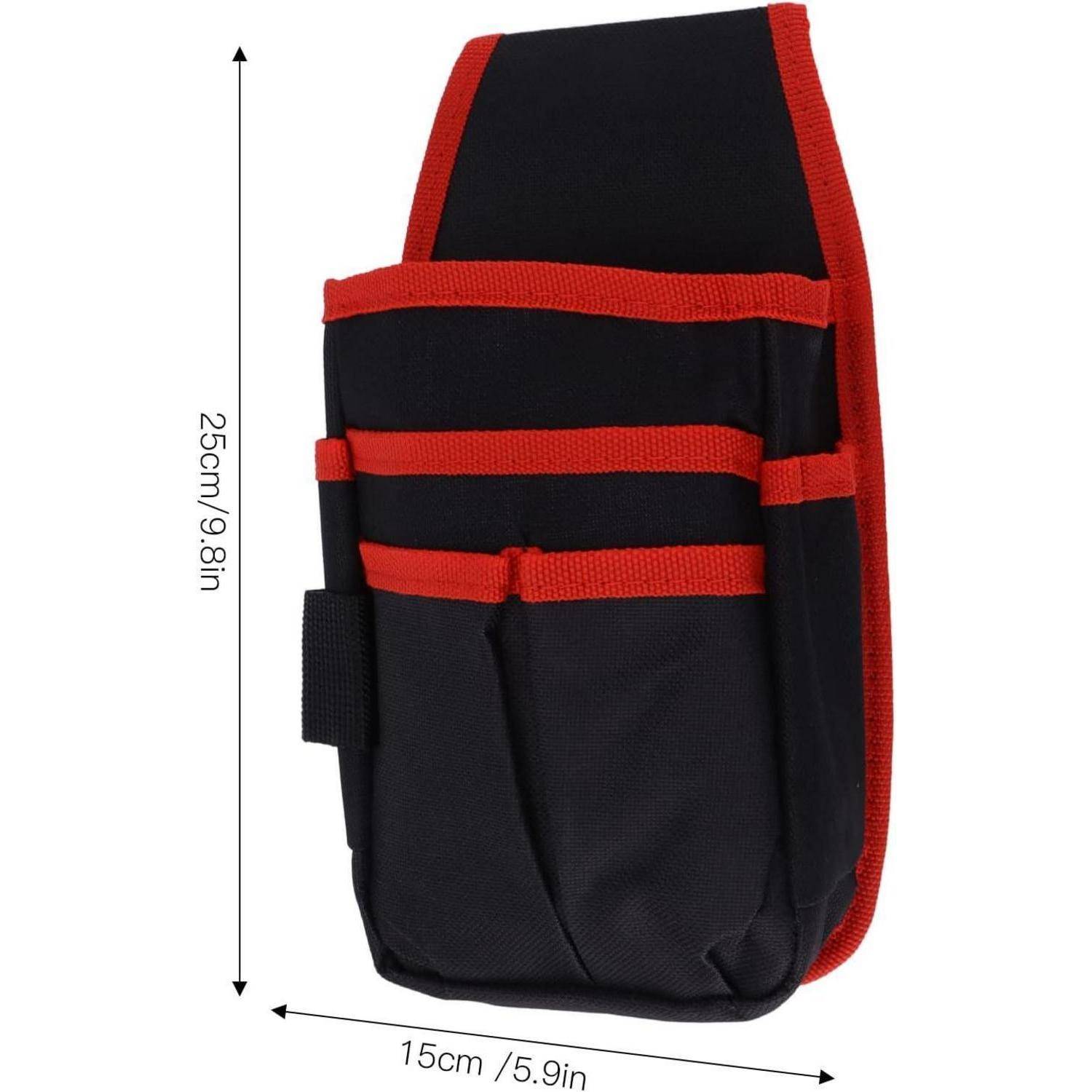 Eine schwarze Werkzeugtasche mit roter Einfassung, die mehrere Taschen aufweist. Abmessungen: 25 cm/9,8 Zoll Höhe, 15 cm/5,9 Zoll Breite.