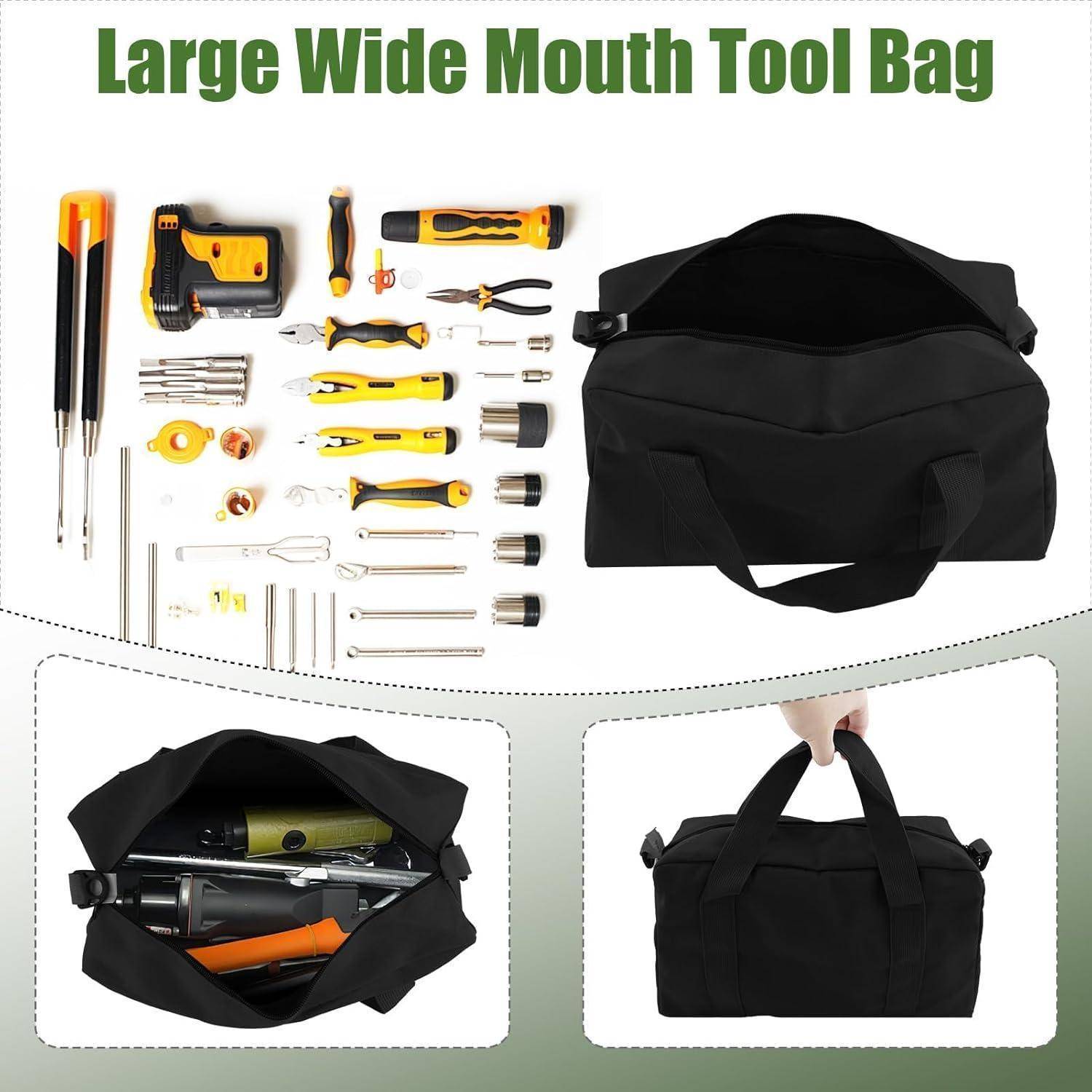 Eine große, schwarze Werkzeugtasche mit enthaltenen Werkzeugen wie Schraubschlüsseln, Schraubenziehern und Steckschlüsseln wird präsentiert. Detailansichten zeigen das Innere der Tasche und ihre Griffe.