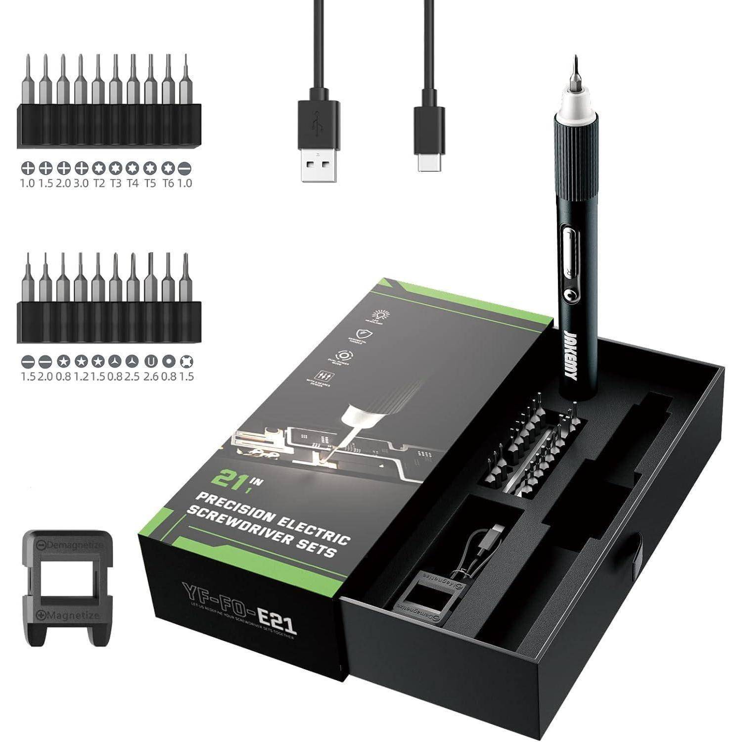 Elektrischer Präzisionsschraubendreher-Satz mit mehreren Bits, Ladekabel und Koffer. Ideal für kleine elektronische Reparaturen und Montagearbeiten.