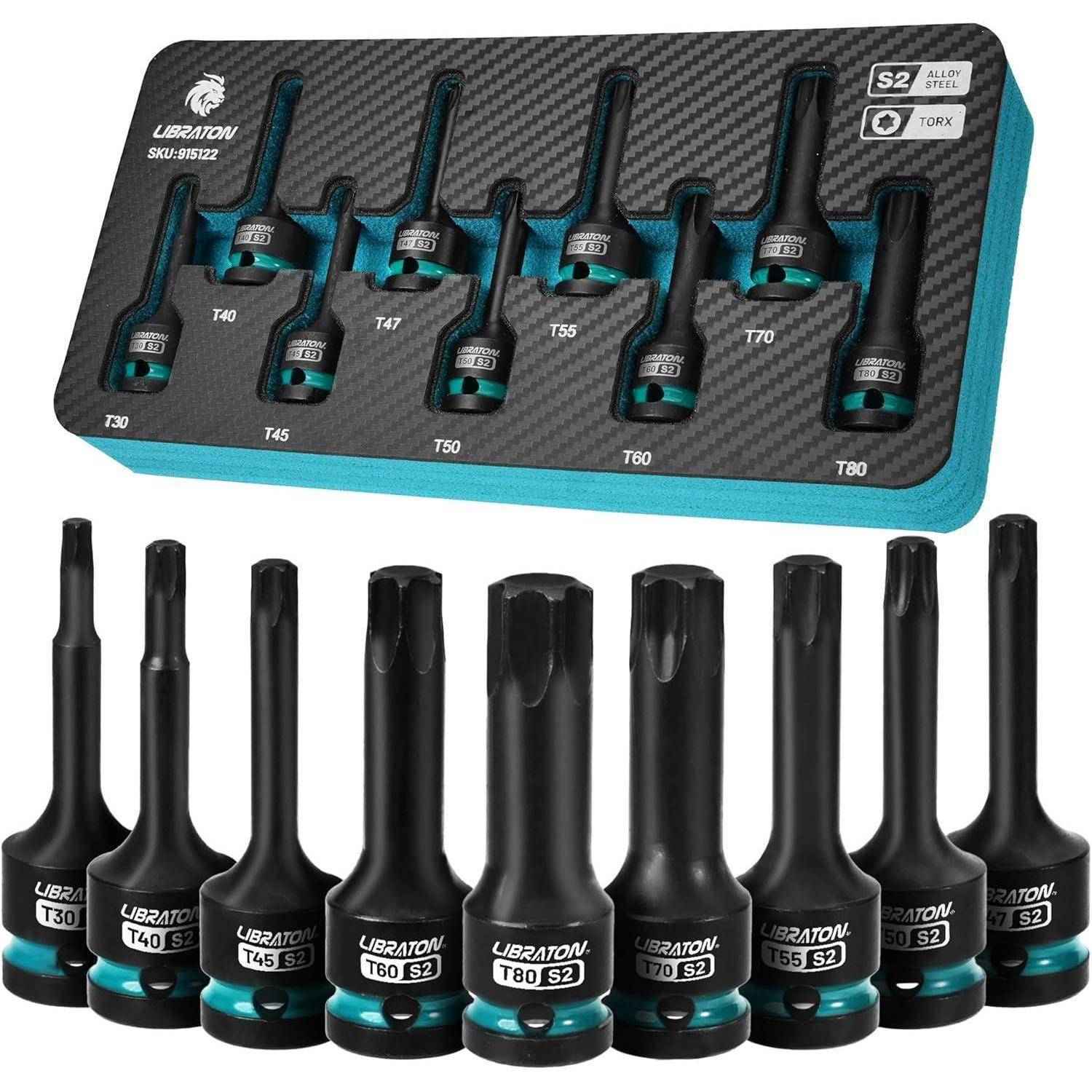 Schraubendreher-Bitsatz mit 10 Torx-Bits, Größen T30 bis T80, in einem beschrifteten Halter.
