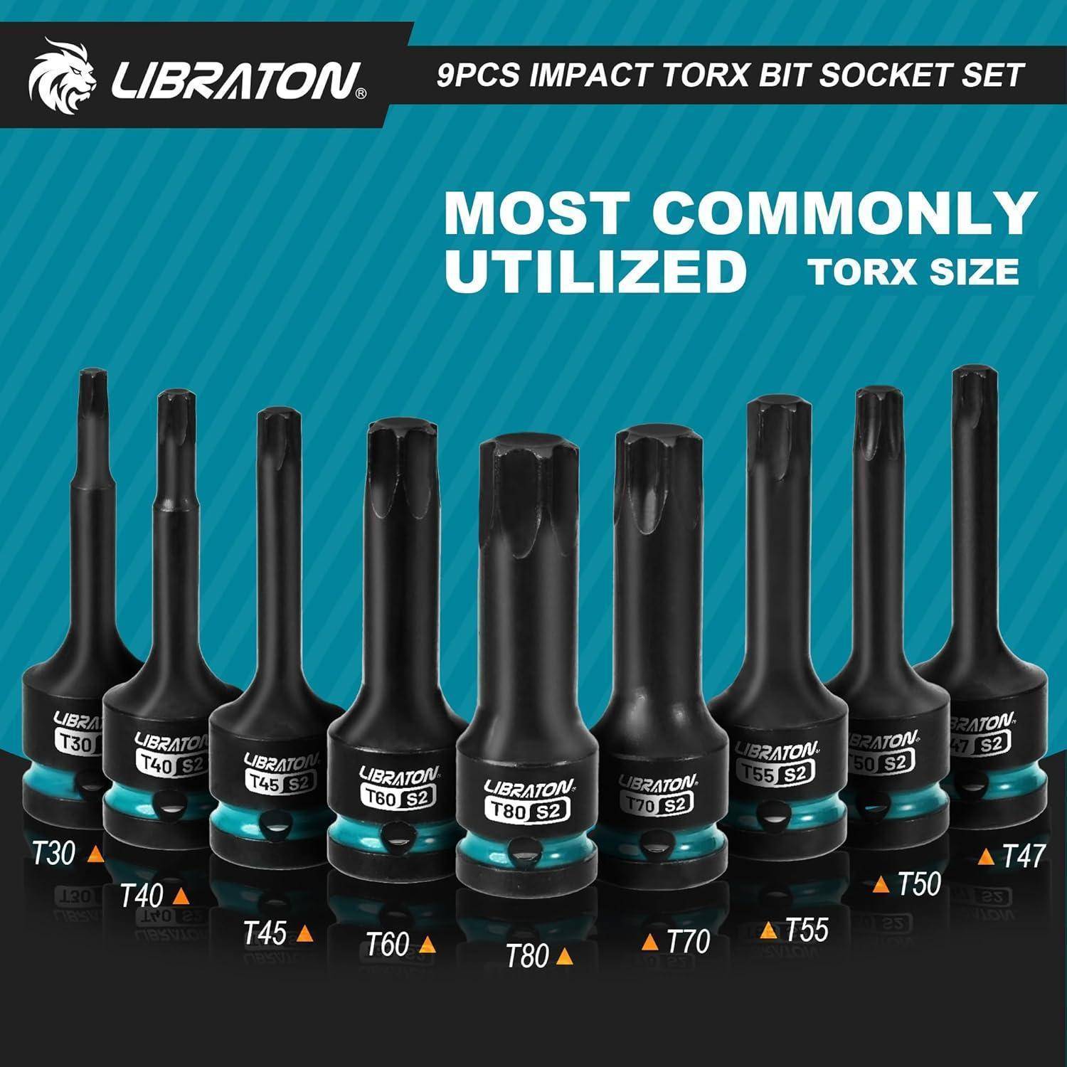 Libraton 9-teiliges Torx-Bit-Einsatz-Set mit Torx-Größen T30, T40, T45, T50, T55, T60, T70, T80 und T47. Text: 