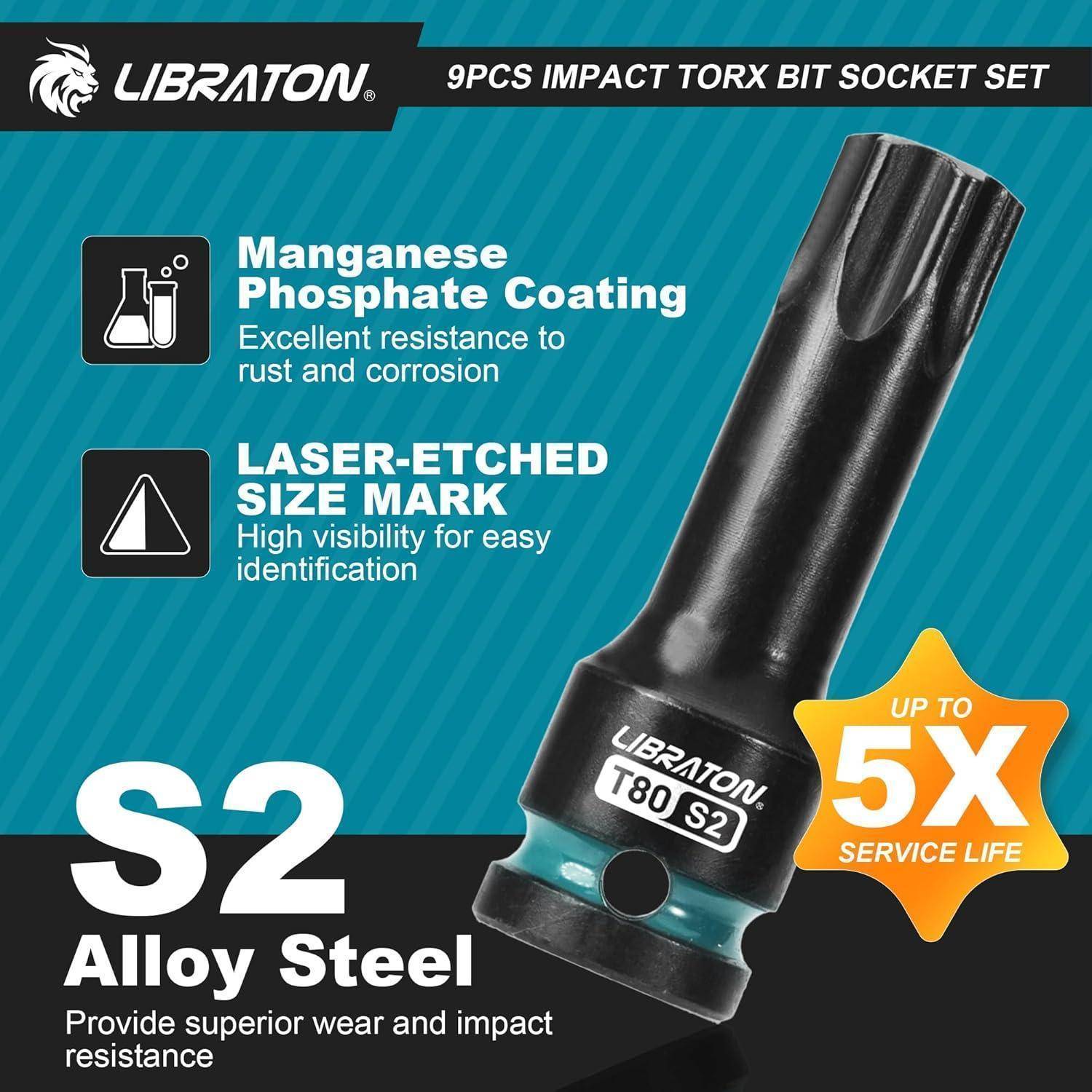 Libraton 9-teiliges Impact-Torx-Bit-Steckschlüssel-Set mit Manganphosphatbeschichtung für Rostbeständigkeit und lasergravierter Größenmarkierung. Bietet bis zu 5-mal längere Lebensdauer. Gefertigt aus S2-Legierungsstahl für maximale Haltbarkeit.