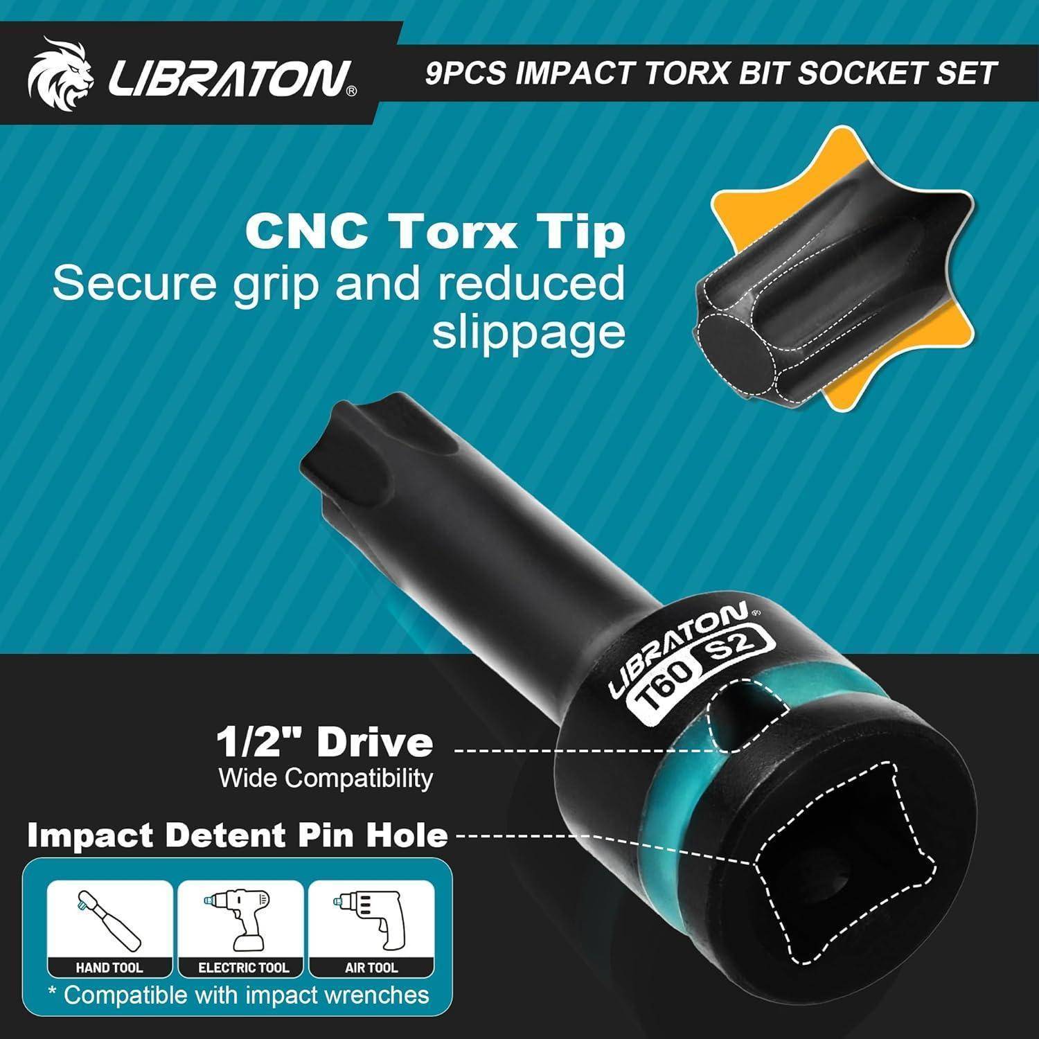 LIBRATON 9-teiliges Impact Torx Bit-Steckschlüssel-Set verfügt über eine CNC-Torx-Spitze für sicheren Halt, 1/2