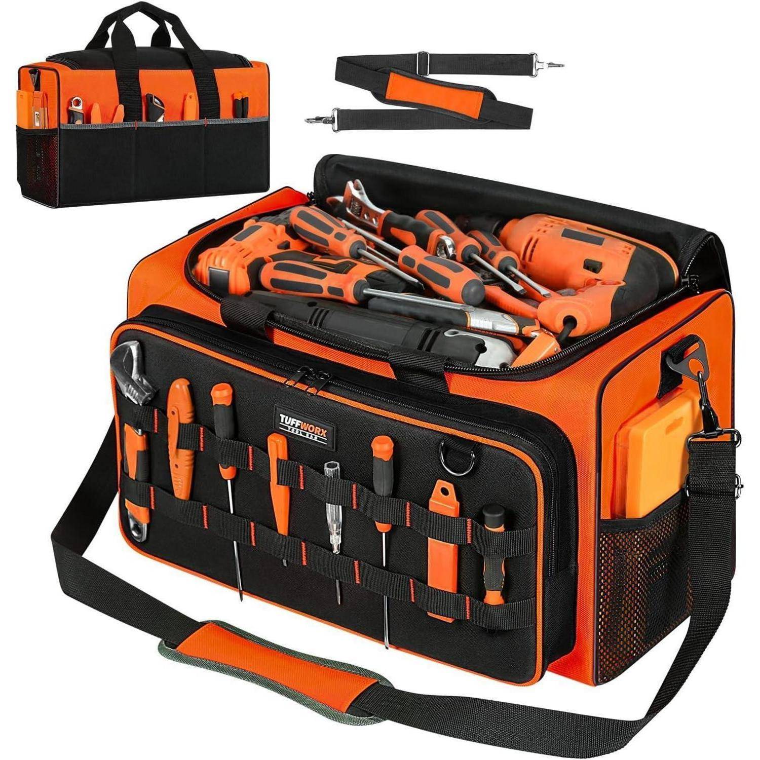 Ein orange-schwarzer Werkzeugbeutel, gefüllt mit verschiedenen Werkzeugen wie Schraubenziehern, Zangen und Schraubenschlüsseln. Er verfügt über mehrere Seitentaschen und einen Schultergurt zum einfachen Transport.
