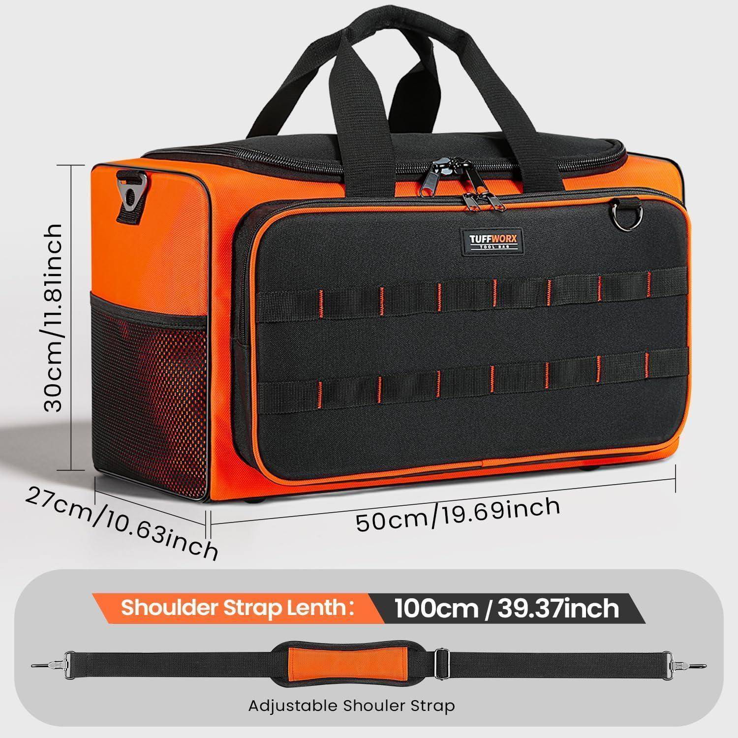 Eine orange-schwarze Werkzeugtasche mit mehreren Fächern und einem 100 cm/39,37 Zoll verstellbaren Schultergurt. Abmessungen: 50 cm x 30 cm x 27 cm.