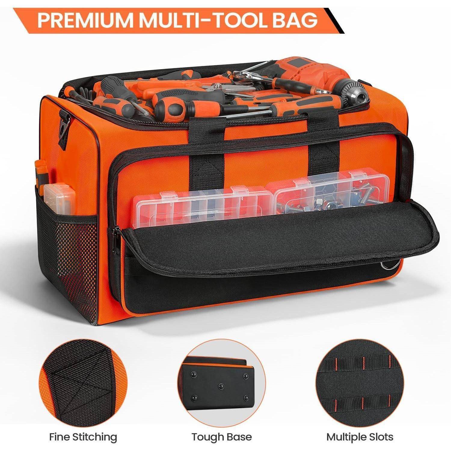Eine orangefarbene Multifunktionswerkzeugtasche mit verschiedenen Werkzeugen im Inneren, Vordertasche geöffnet und transparente Etuis sichtbar. Hervorgehobene Merkmale: präzise Nähte, robuster Boden, mehrere Fächer.