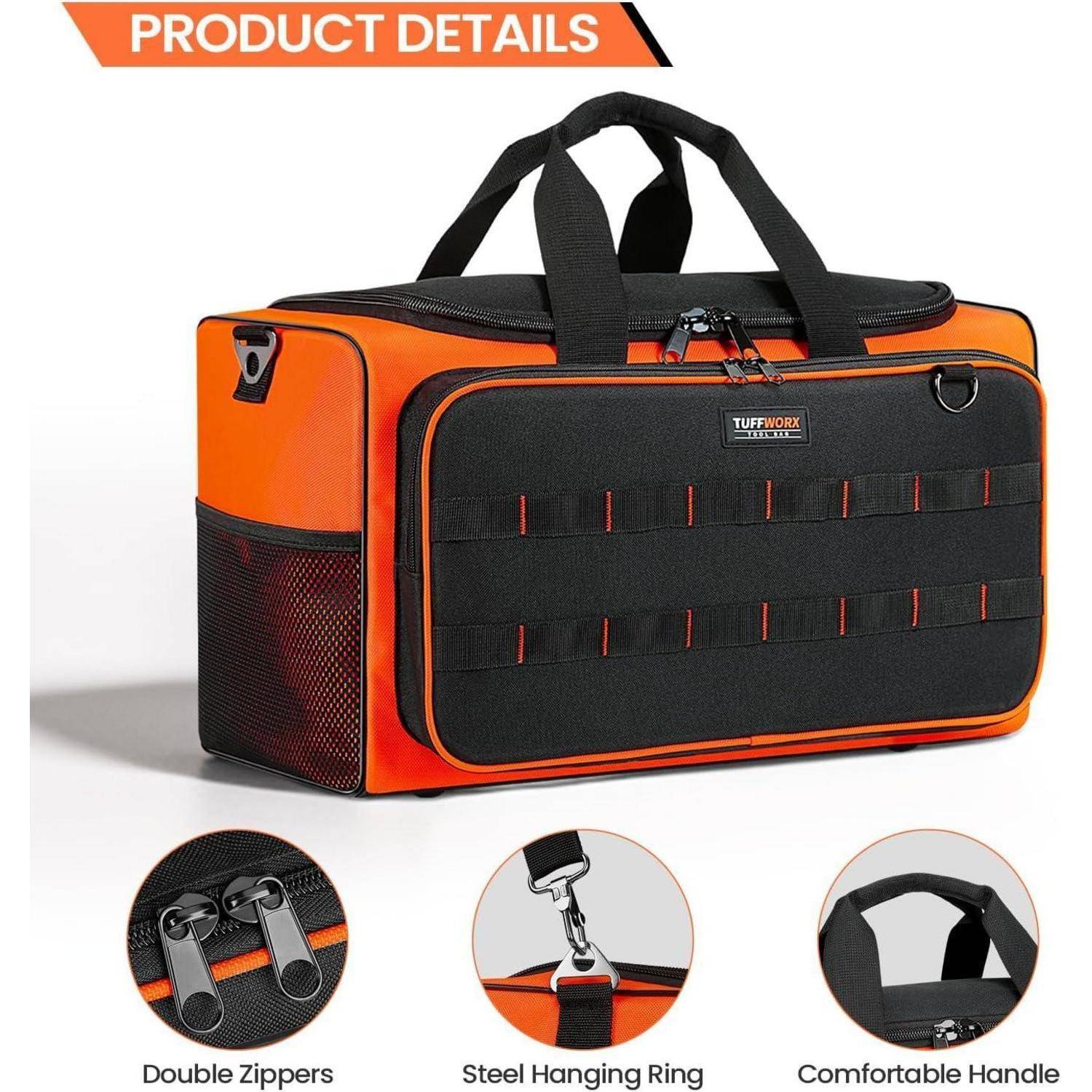 Eine orange-schwarze Werkzeugtasche mit Doppelreißverschlüssen, Stahlaufhängering und bequemem Griff wird gezeigt.