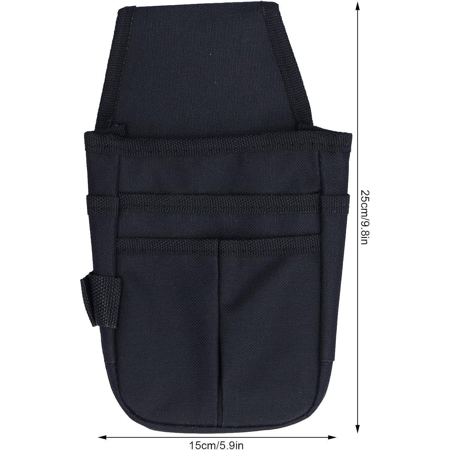 Eine schwarze Werkzeugtasche mit mehreren Taschen, Abmessungen angegeben mit 15 cm Breite mal 25 cm Höhe, geeignet zum Organisieren von kleinen Werkzeugen.