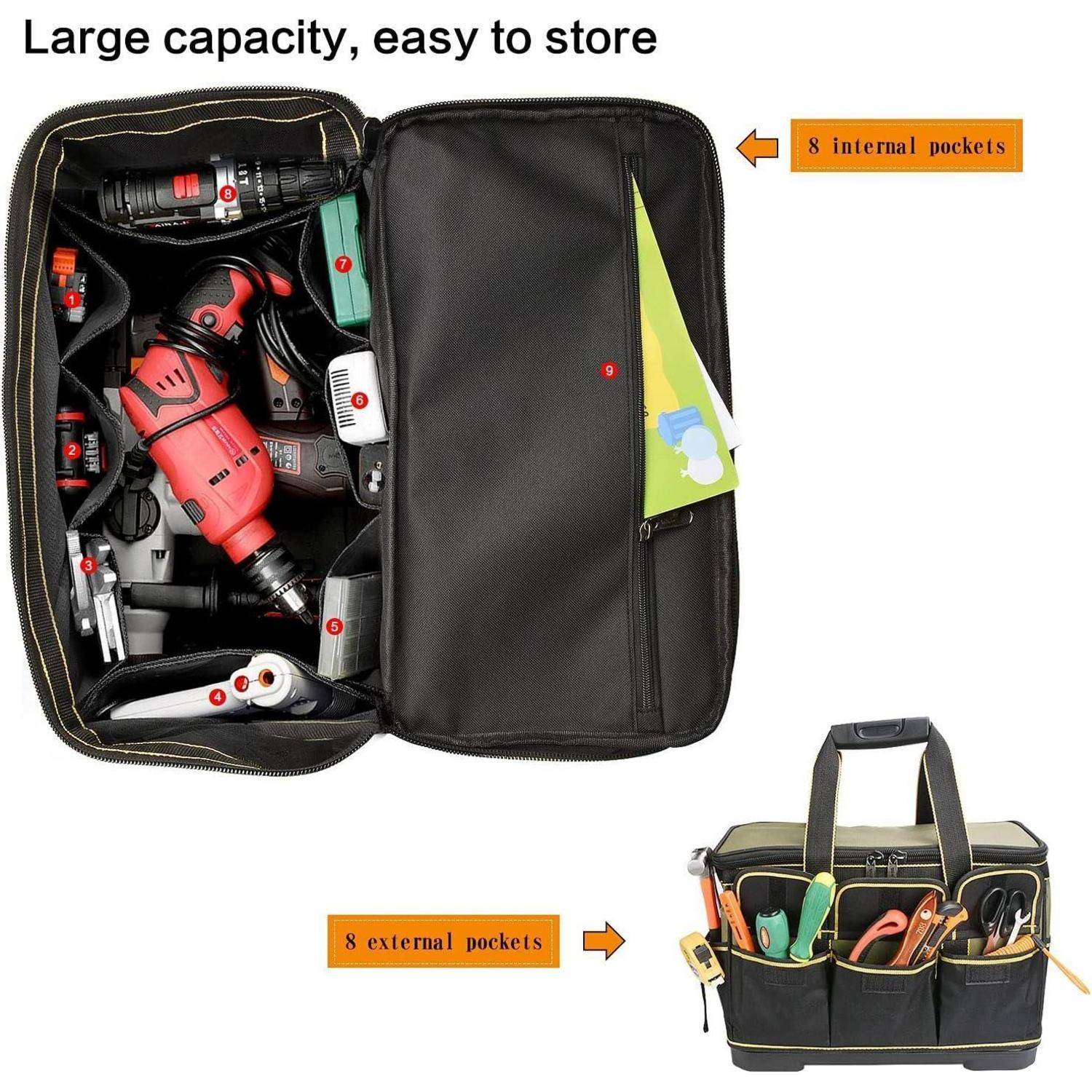 Eine offene schwarze Werkzeugtasche, die verschiedene Elektrowerkzeuge im Inneren zeigt, mit Text, der auf 