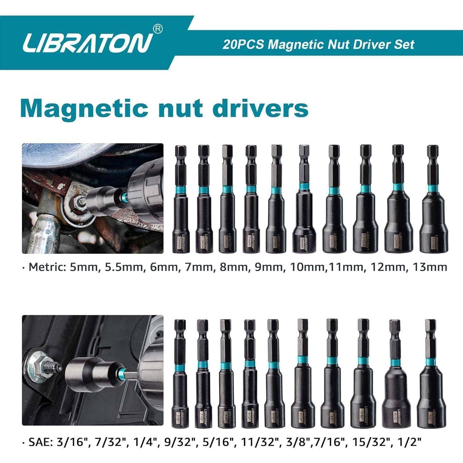 Libraton 20-teiliges magnetisches Steckschlüssel-Set. Enthält metrische Größen (5mm-13mm) und Zoll-Größen (3/16