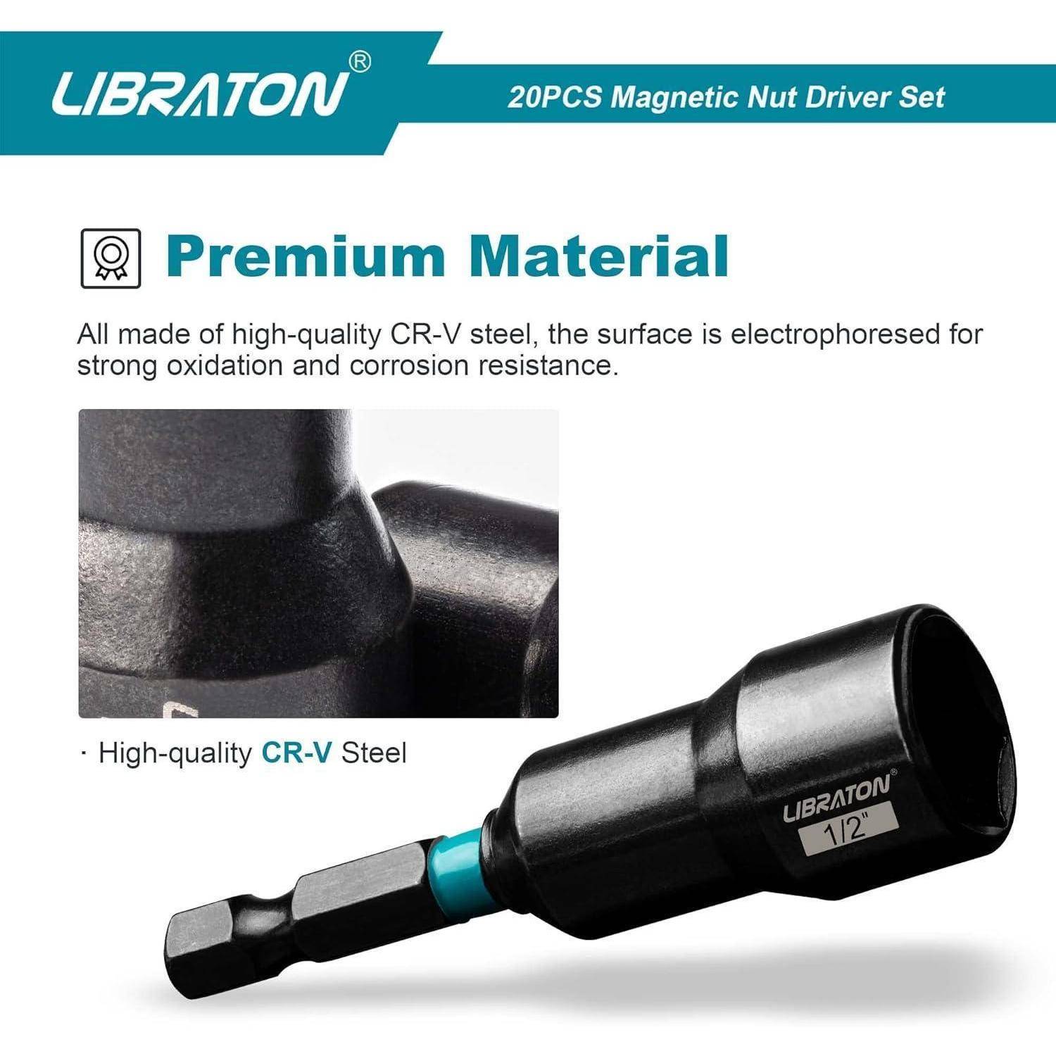 LIBRATON 20-teiliges Magnetisches Stecknuss-Set' aus CR-V-Stahl für Oxidations- und Korrosionsbeständigkeit. Bild zeigt Nahaufnahme eines Bitaufsteckers.