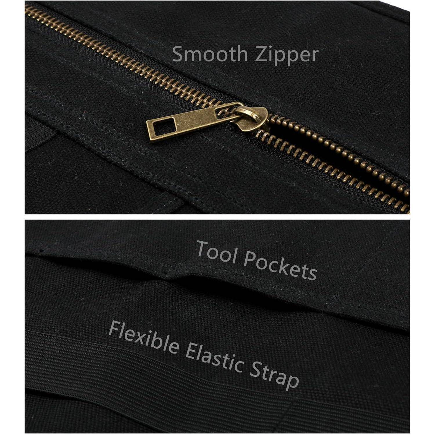 Nahaufnahme einer schwarzen Stofftasche mit einem 'Glatten Reißverschluss', 'Werkzeugtaschen' und 'Flexiblem Elastikgurt', die funktionale Details hervorhebt.