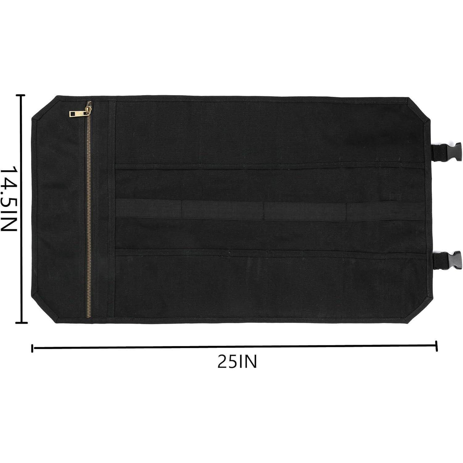 Eine schwarze Werkzeugtasche mit einem Reißverschlussfach und Schnallenverschlüssen, misst 14,5 Zoll mal 25 Zoll.